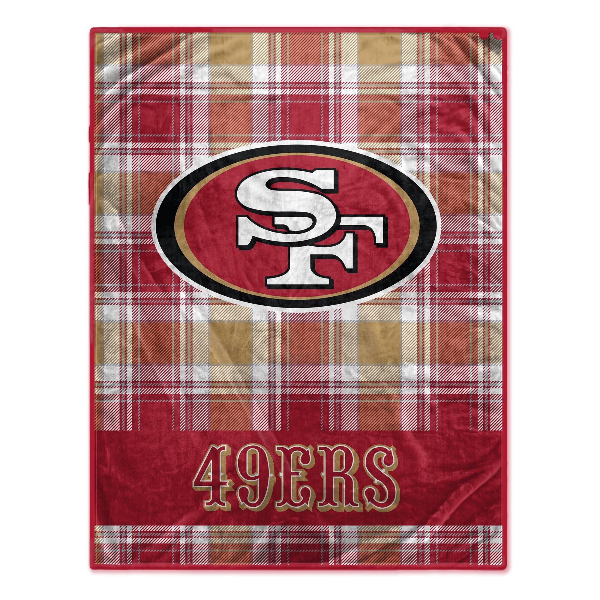 Front. Pegasus - San Francisco 49ers 66" x 95" Oversized Plaid FAN-mily Ultra Cozy Blanket - Multicolor.