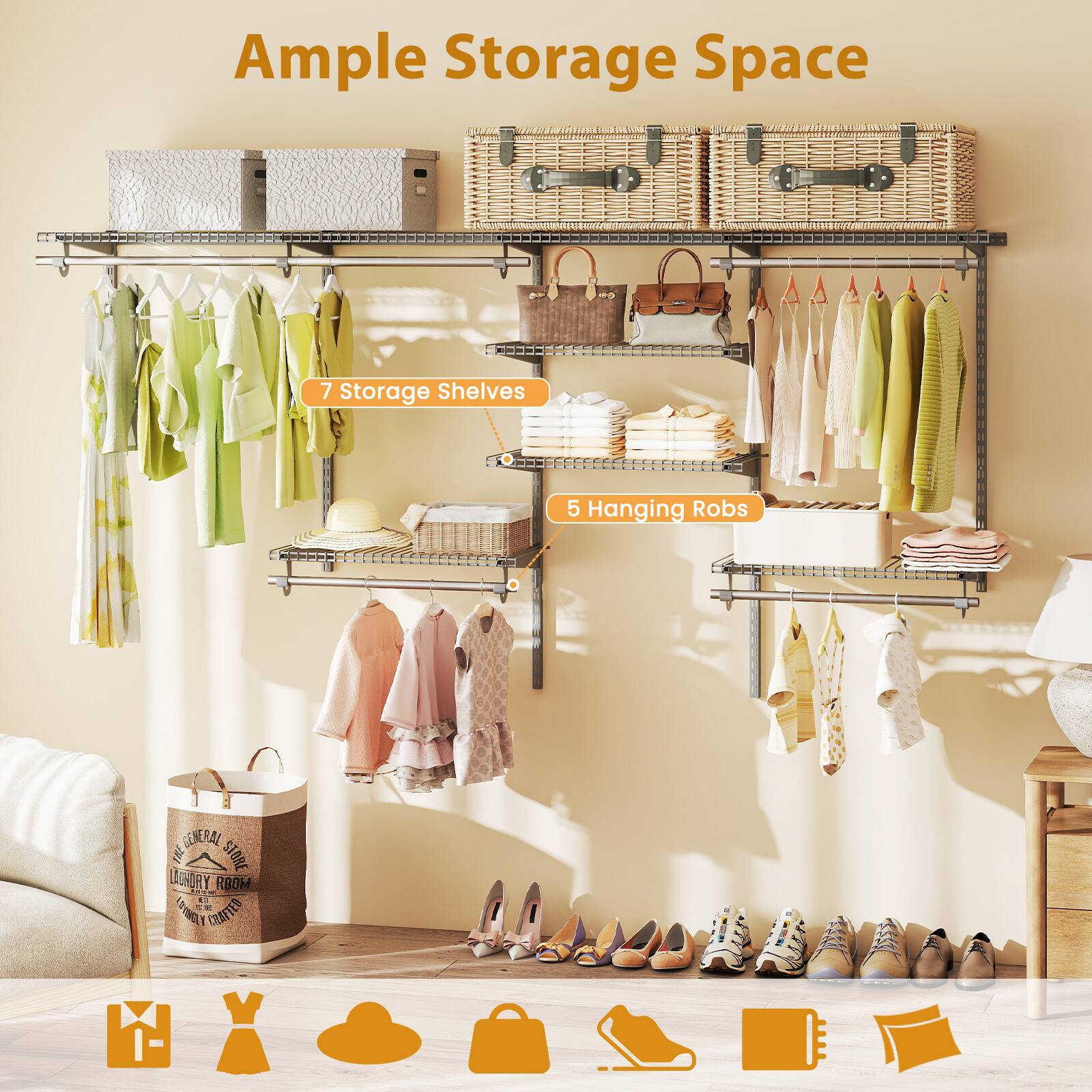 Ample Storage Space  
7 Storage Shelves  
5 Hanging Racks  

GENERAL STORE  
LAUNDRY ROOM  
HANDMADE & CRAFTED