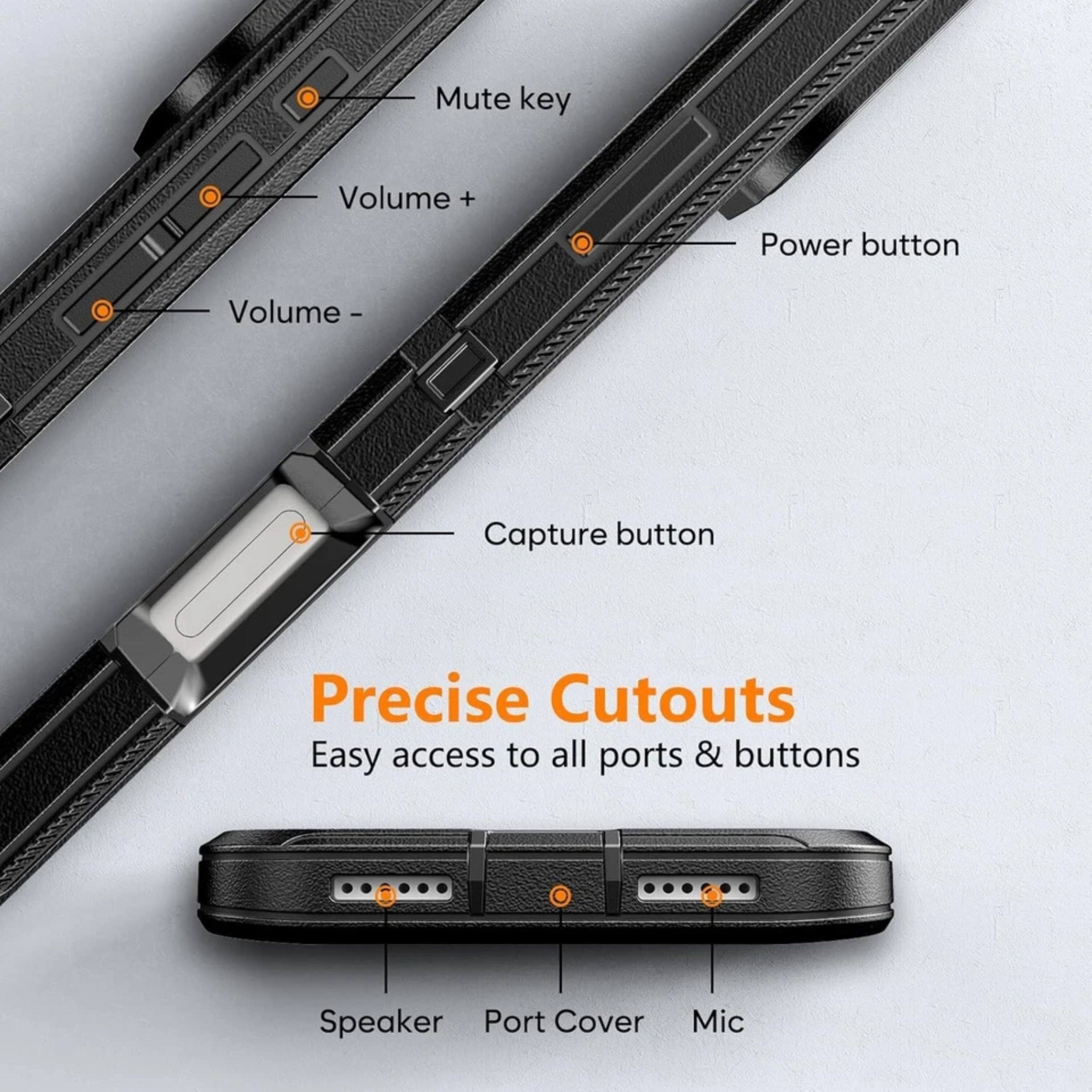 Mute key  
Volume +  
Power button  
Volume -  
Capture button  

Precise Cutouts  
Easy access to all ports & buttons  

Speaker  
Port Cover  
Mic