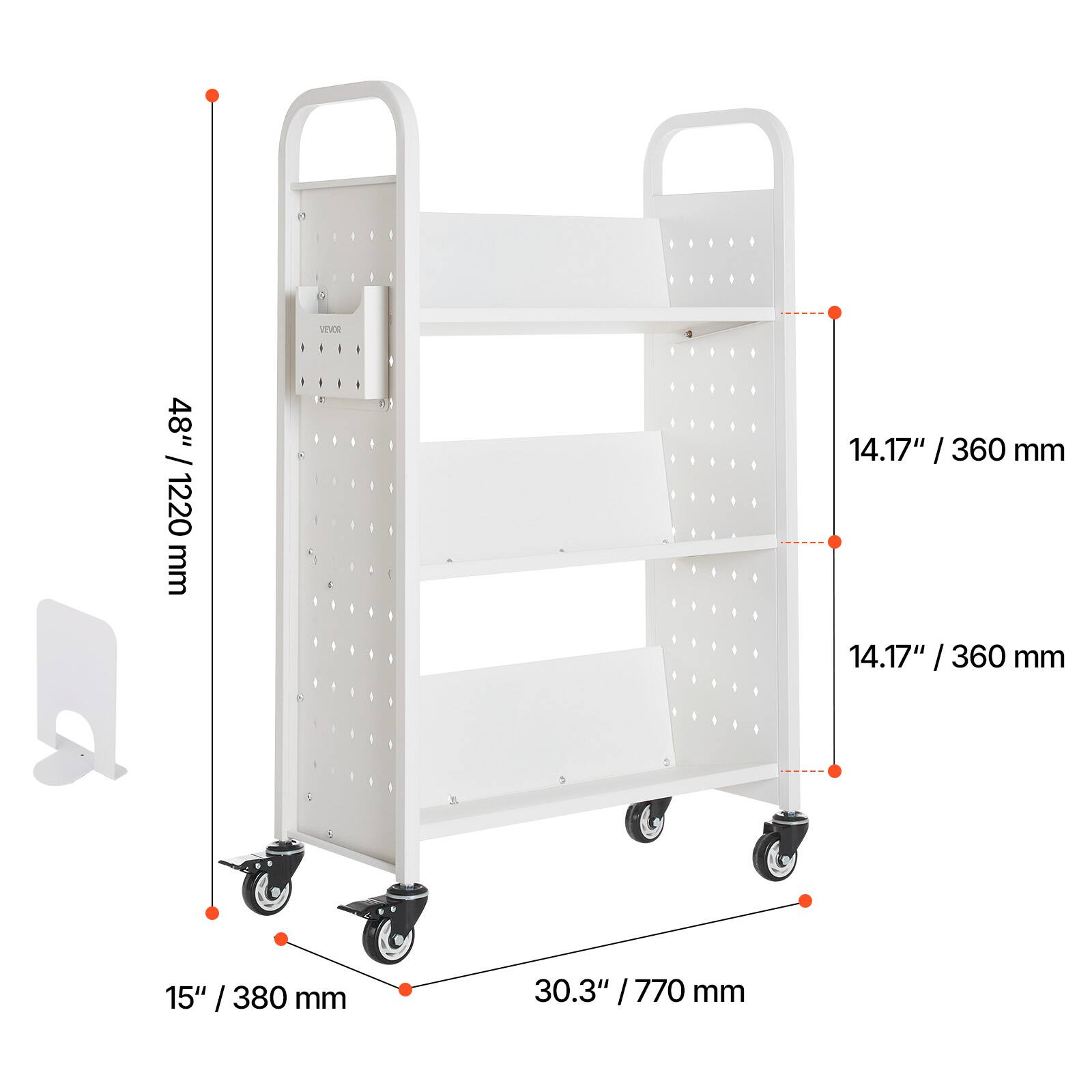 - Height: 48" / 1220 mm
- Width: 30.3" / 770 mm
- Depth: 15" / 380 mm
- Shelf depth: 14.17" / 360 mm
