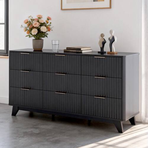 Alt View 7. Winado - 57"L Fluted Chest of Dresser Drawers with 9 Drawers Wide Boho Wood Chest of Drawers Organizer for Living Room Bedroom - Black.