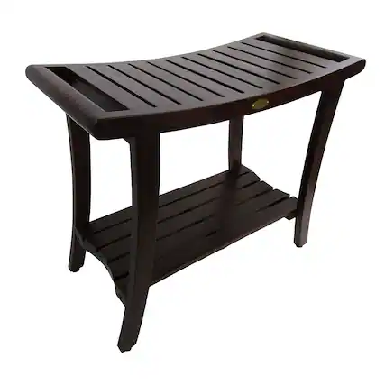 Front. DecoTeak - DecoTeak Harmony 30"L Teak Wood Bench with Shelf and LiftAide Arms in Woodland Brown Finish - Extended Height - Woodland Brown.