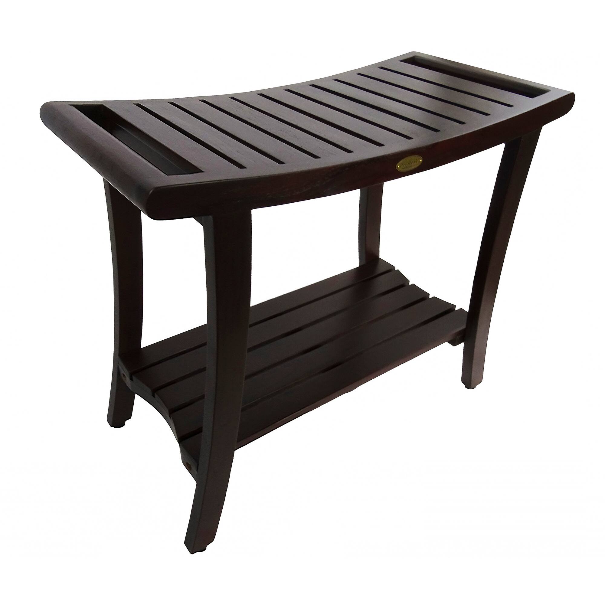 Front. DecoTeak - DecoTeak Harmony 30"L Teak Wood Bench with Shelf and LiftAide Arms in Woodland Brown Finish - Extended Height - Woodland Brown.
