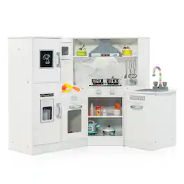 Gymax - Kids Corner Kitchen Playset Wooden Pretend Play Toy with Microwave - White