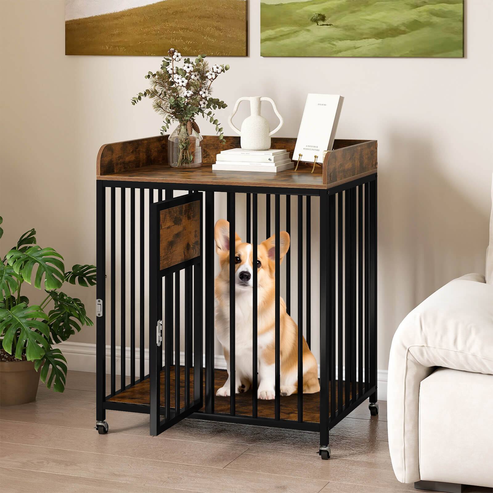 Alt View 3. Costway - Costway Dog Crate Furniture with Wheels, Metal Frame, Lockable Casters, Wide Tabletop - Rustic Brown+Black.