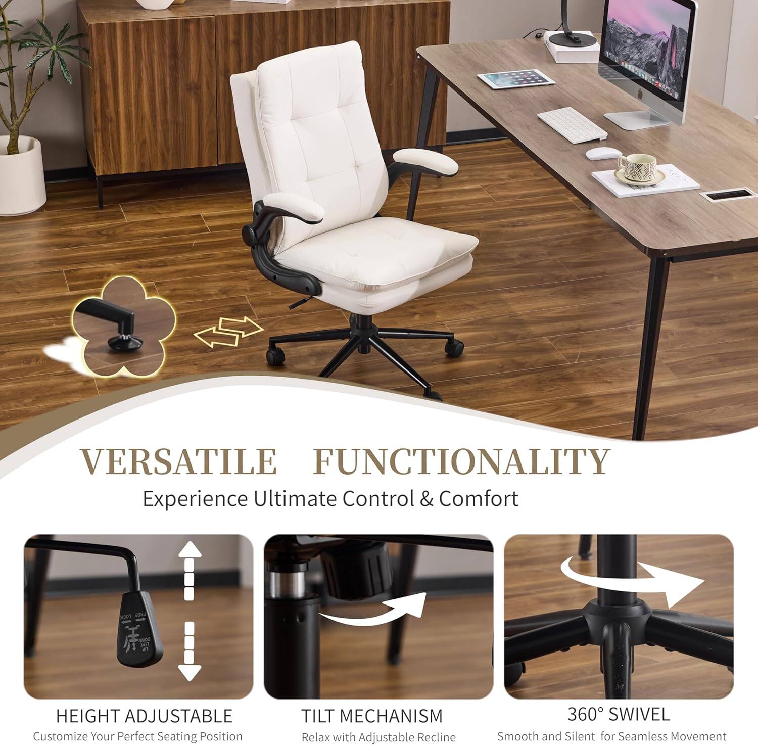 VERSATILE FUNCTIONALITY  
Experience Ultimate Control & Comfort  

HEIGHT ADJUSTABLE  
Customize Your Perfect Seating Position  

TILT MECHANISM  
Relax with Adjustable Recline  

360° SWIVEL  
Smooth and Silent for Seamless Movement