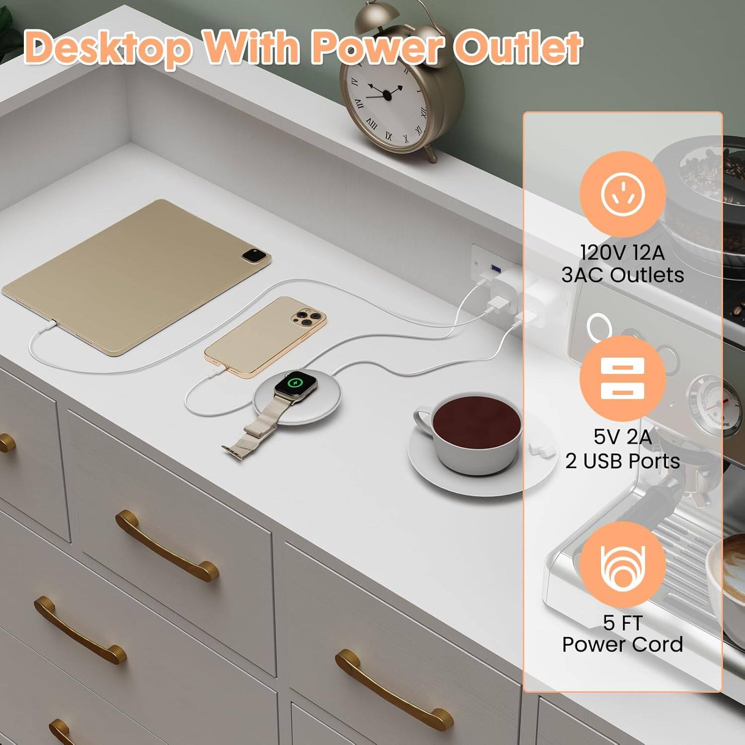 Desktop With Power Outlet

- 120V 12A 3AC Outlets
- 5V 2A 2 USB Ports
- 5 FT Power Cord