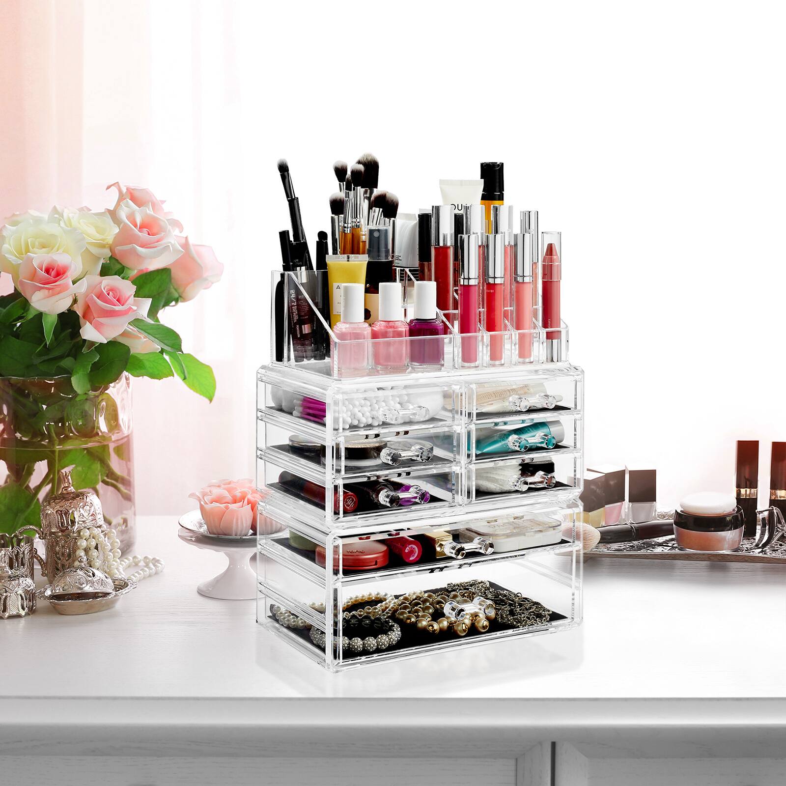 Alt View 5. Casafield - Acrylic Cosmetic Makeup Organizer Jewelry Box Storage Set - 3pc - Clear.