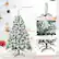 The text on the image is grouped and corrected as follows:
1. Enhanced Tree Top
2. Tips for Natural and Plush appearance
3. Durable PVC Leaves
4. Hinged Design
5. Snow Flocked Leaves for Great Decoration
6. Foldable Base
7. Cross Shaped Metal Stand for Good Supporting