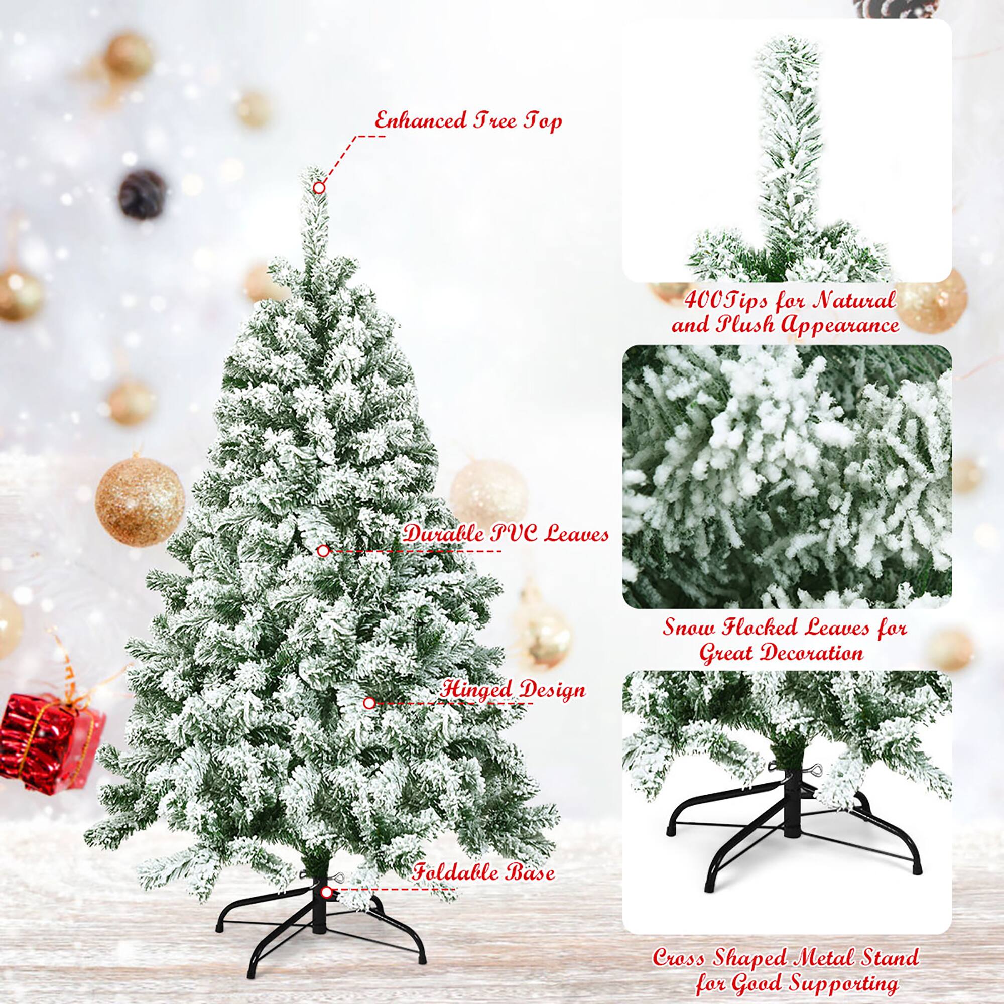 The text on the image is grouped and corrected as follows:

1. Enhanced Tree Top
2. Tips for Natural and Plush appearance
3. Durable PVC Leaves
4. Hinged Design
5. Snow Flocked Leaves for Great Decoration
6. Foldable Base
7. Cross Shaped Metal Stand for Good Supporting