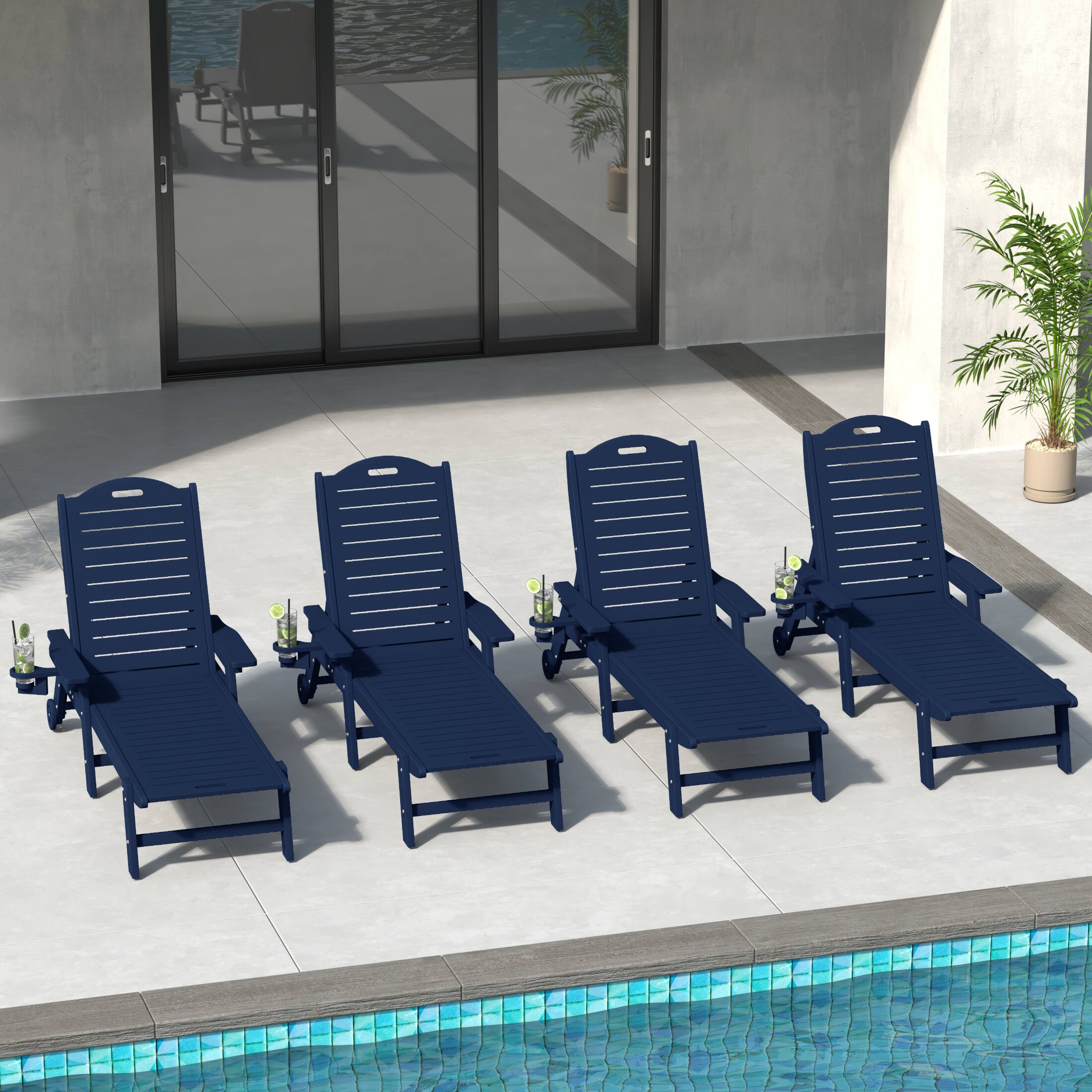 Angle. WestinTrends - WestinTrends Aruba Outdoor HDPE Patio Chaise Lounges With Wheels & Cup Holder (Set of 4) - Navy Blue.