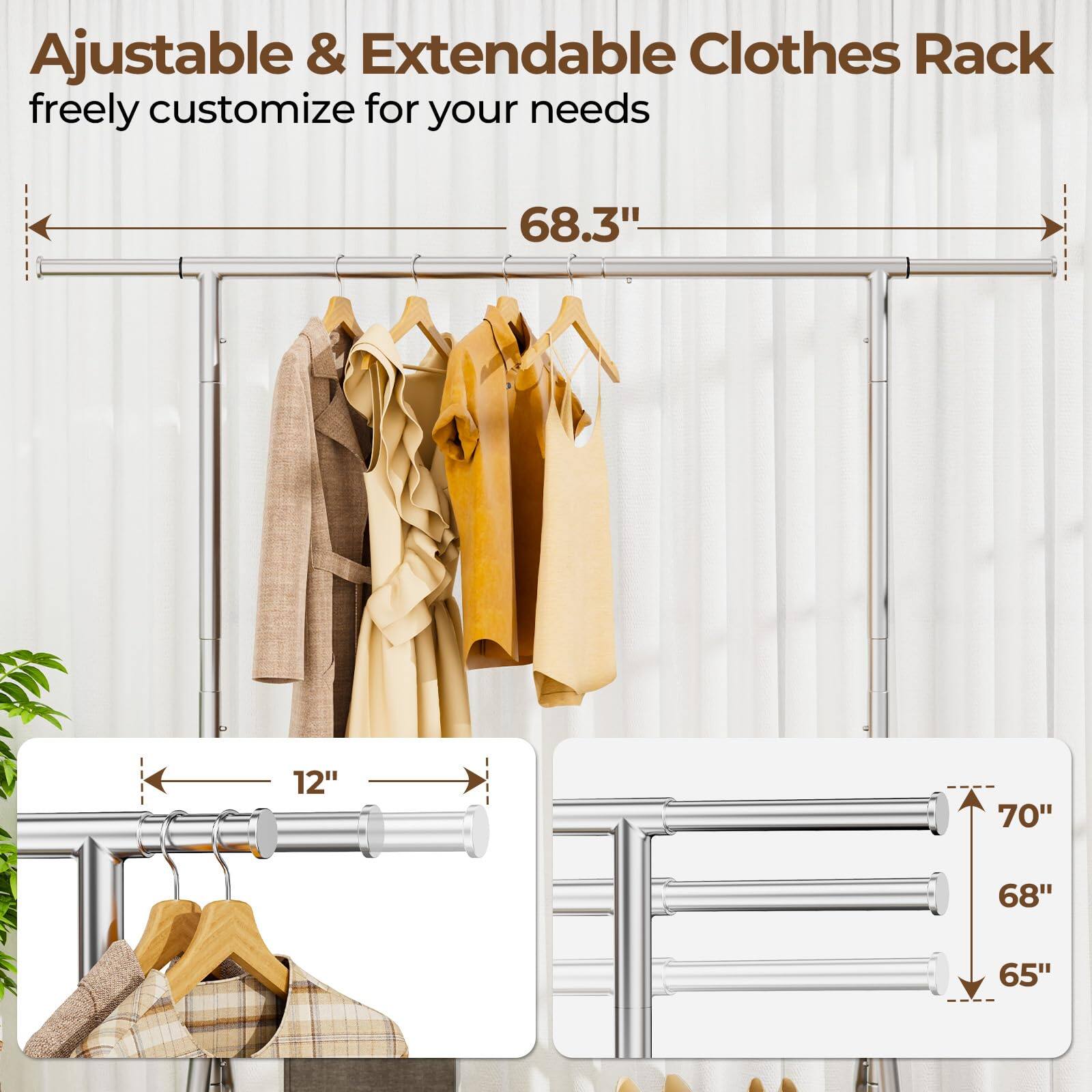 Adjustable & Extendable Clothes Rack  
freely customize for your needs  

68.3"  

12"  

70"  
68"  
65"