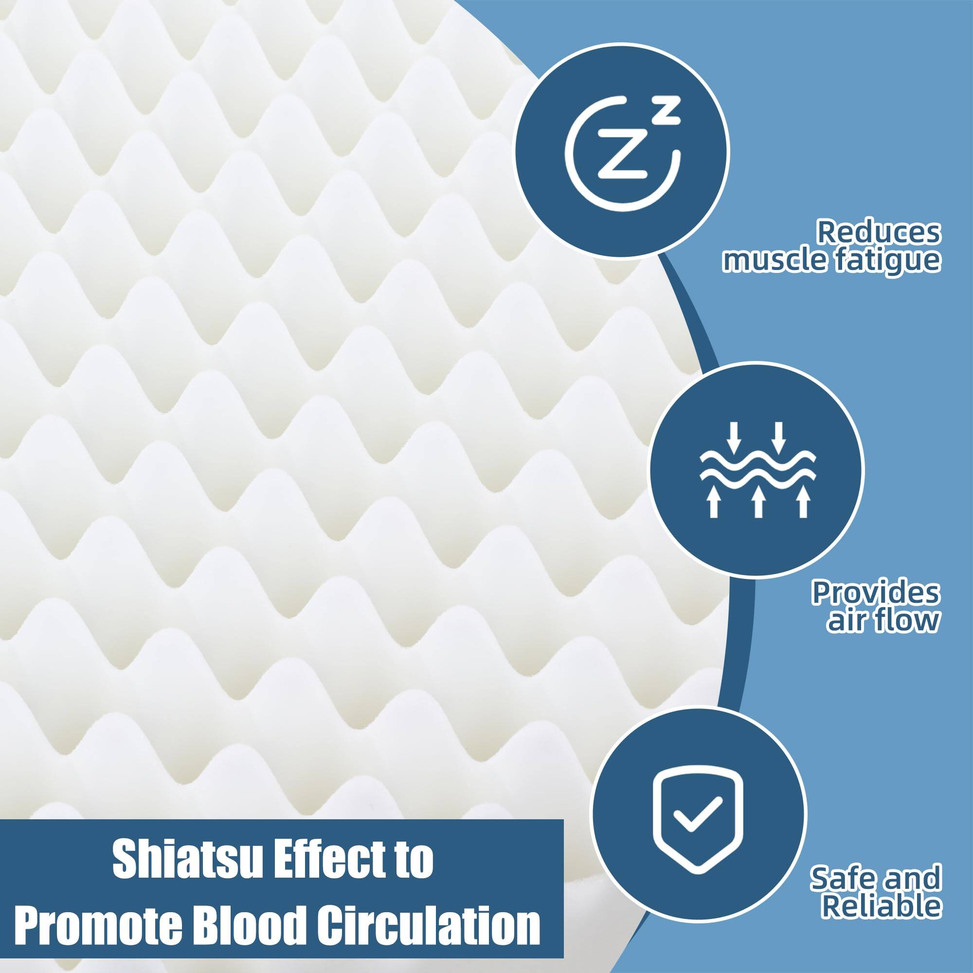 - Reduces muscle fatigue
- Provides air flow
- Shiatsu Effect to Promote Blood Circulation
- Safe and Reliable