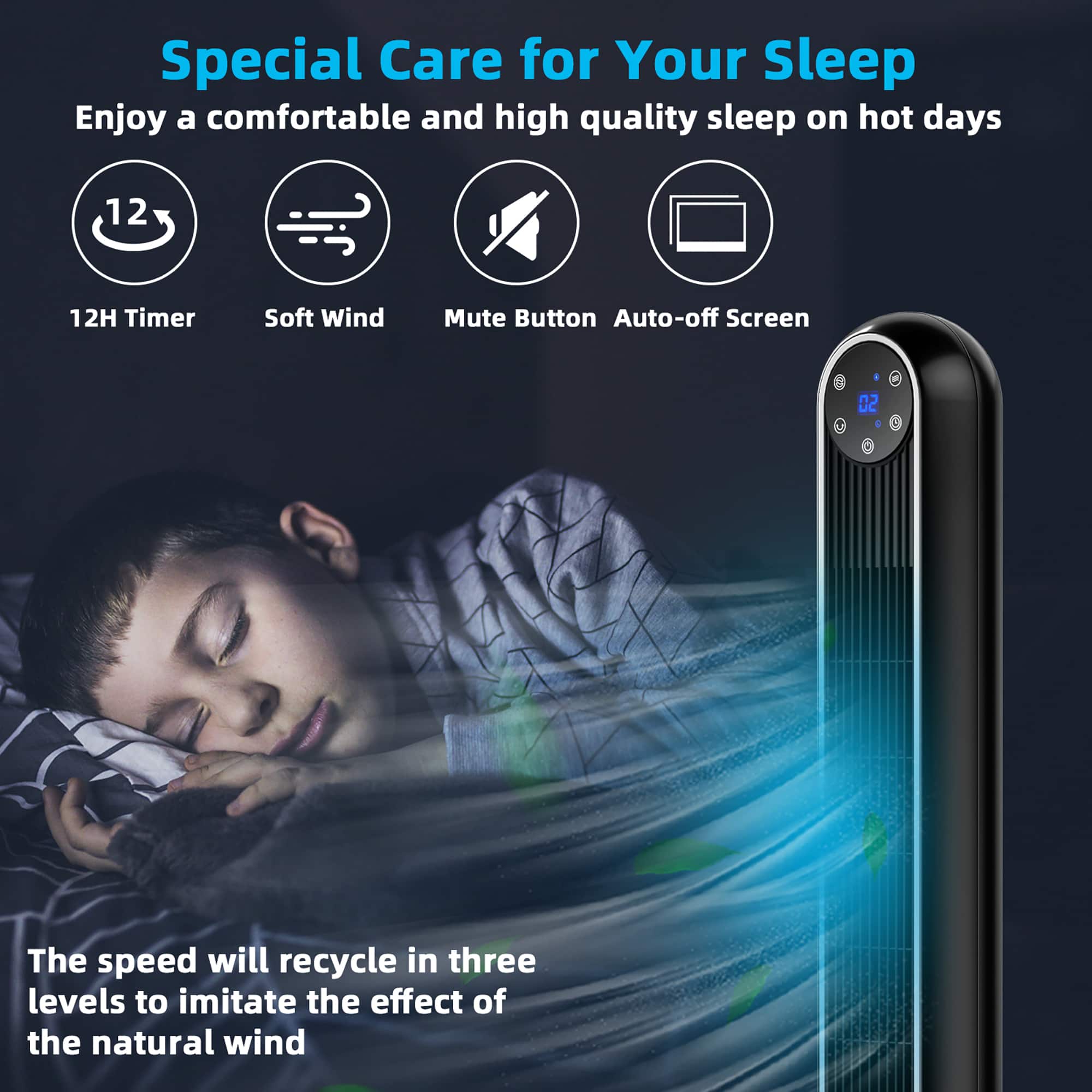 Special Care for Your Sleep: Enjoy a comfortable and high quality sleep on hot days with our 12-hour timer, soft wind, mute button, and auto-off screen. The speed will recycle in three levels to imitate the effect of the natural wind.