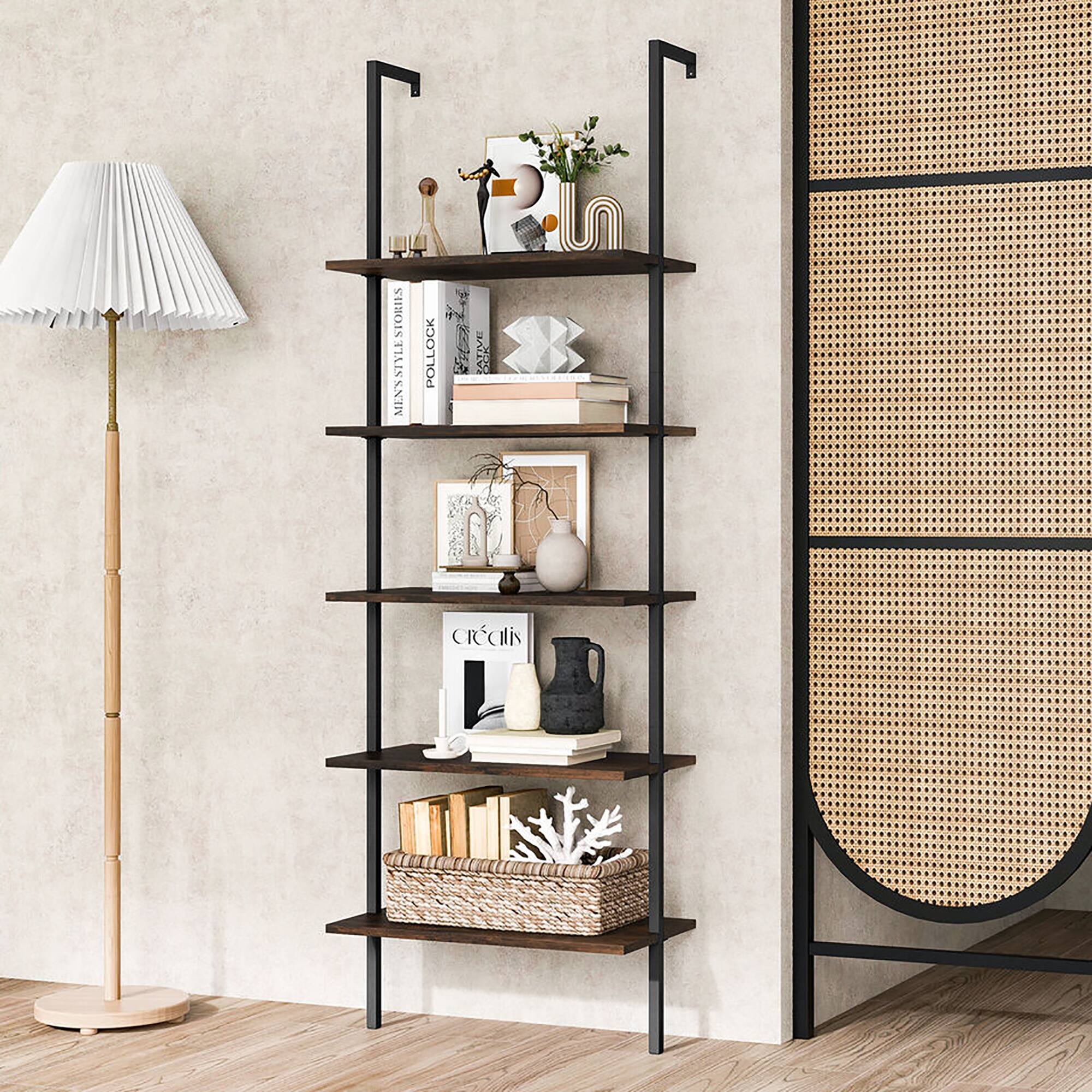 Alt View 1. Gymax - Gymax 5 Tier Ladder Shelf 71'' Height Wall-Mounted Bookshelf Display Storage Organizer - Brown.