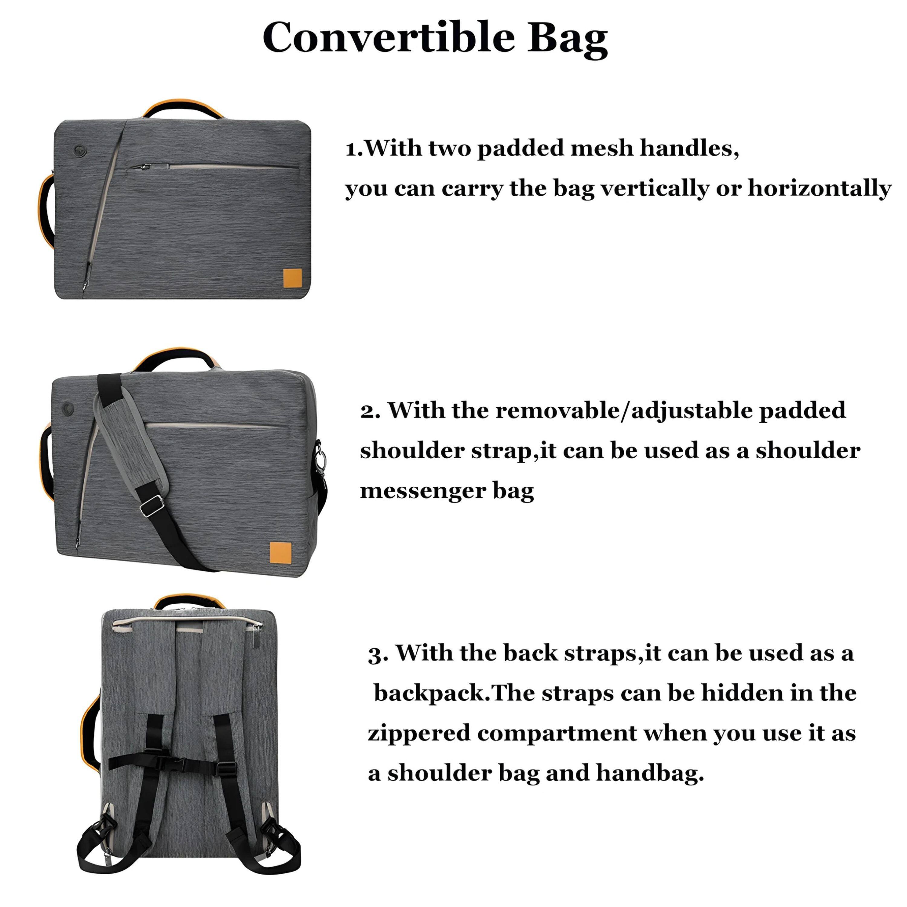 Convertible Bag

1. With two padded mesh handles, you can carry the bag vertically or horizontally.

2. With the removable/adjustable padded shoulder strap, it can be used as a shoulder messenger bag.

3. With the back straps, it can be used as a backpack. The straps can be hidden in the zippered compartment when you use it as a shoulder bag and handbag.