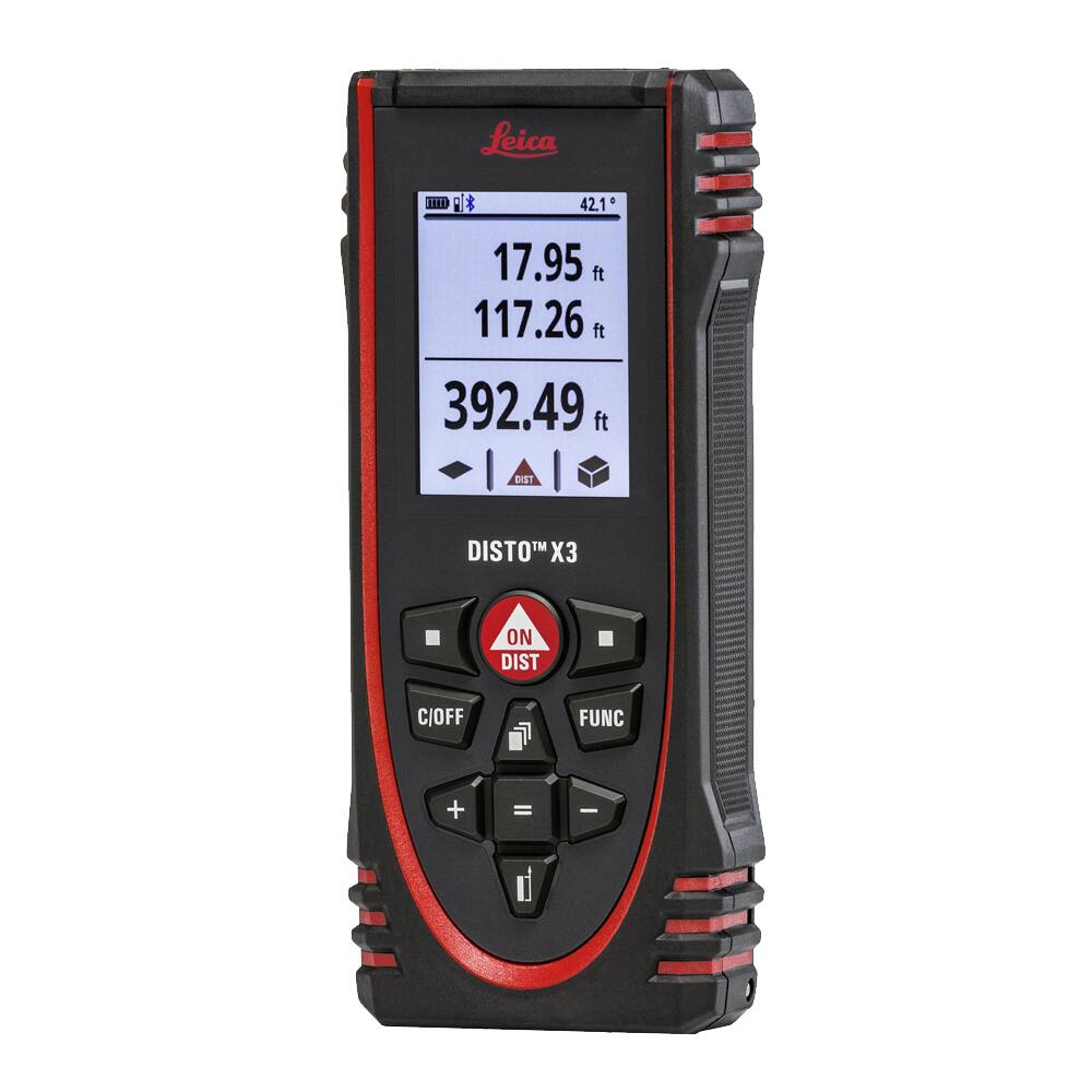Leica DISTO™ X3

42.1°

17.95 ft  
117.26 ft  
392.49 ft

DIST  
ON  
DIST  
C/OFF  
FUNC  
+  
=  
-