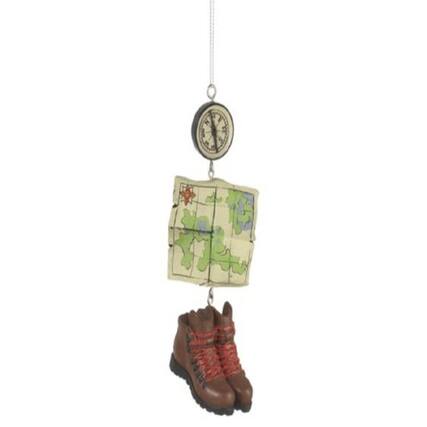 Front. Ganz - Hiking Compass Boots and Map Christmas Tree Ornament 4.75 inch - Multicolor.