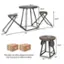 The text on the image can be grouped and corrected as follows:

"This table set will be shipped in 2 boxes that may arrive on different dates. The dimensions of the table are 30.5" in diameter, and the stools are 35.5" in height. The stools are 14.5" in width and 24.5" in length. The table is 17" in diameter, and the stools are 81" in height. The stools are 22" in width and 22" in length."