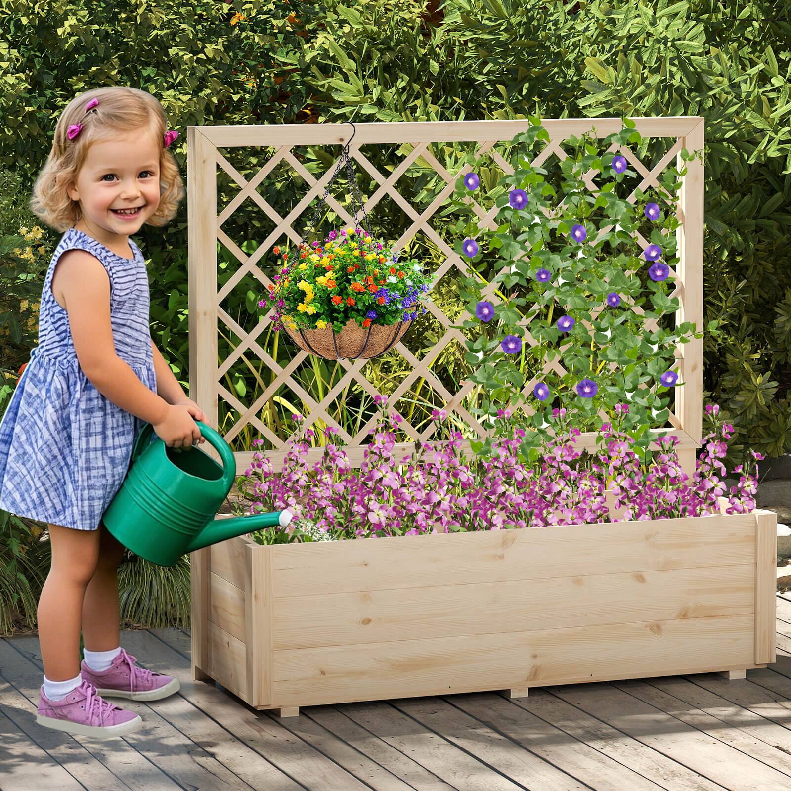 Alt View 3. Costway - Costway 2 PCS 40" Wooden Raised Garden Bed with Lattice Trellis for Climbing Vine Flower - Natural.
