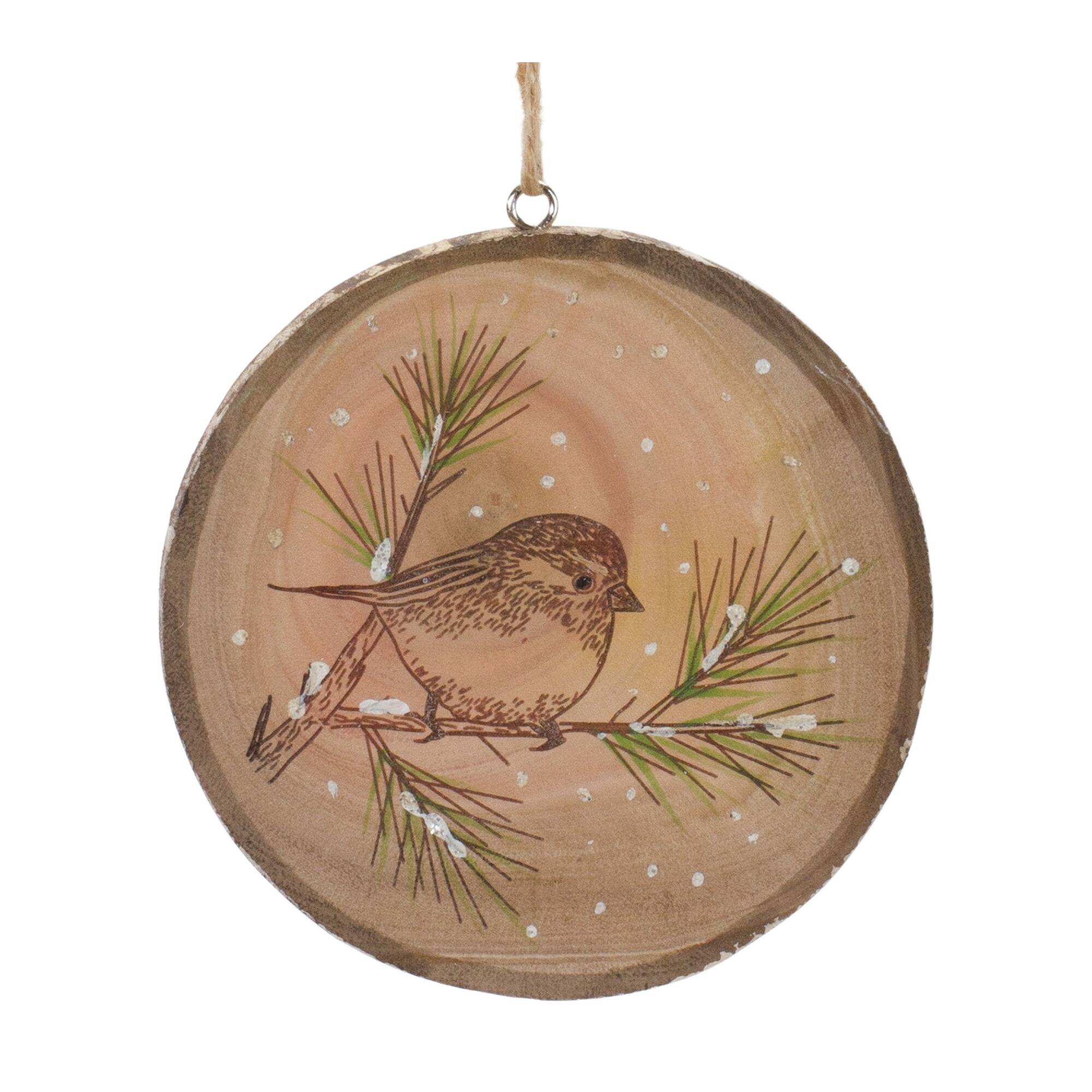 Angle. BreeBe - Wood Bird Tree Disc Ornament (Set of 12) - Brown.