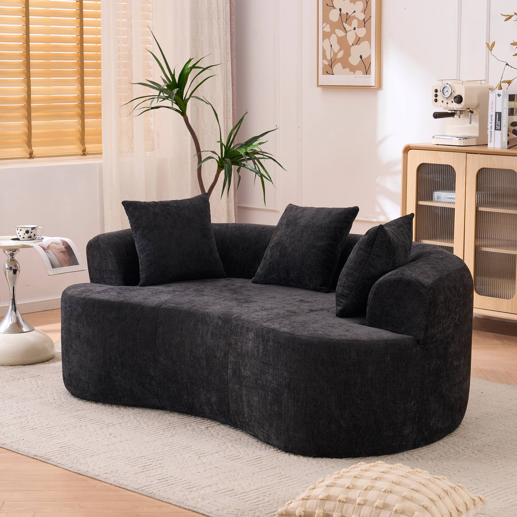 Alt View 4. GOODSILO - Modern Crescent-Shaped Sofa with Deep Cushions and Self-Inflating Foam, Three-Seater Design for Ultimate Comfort - Black.