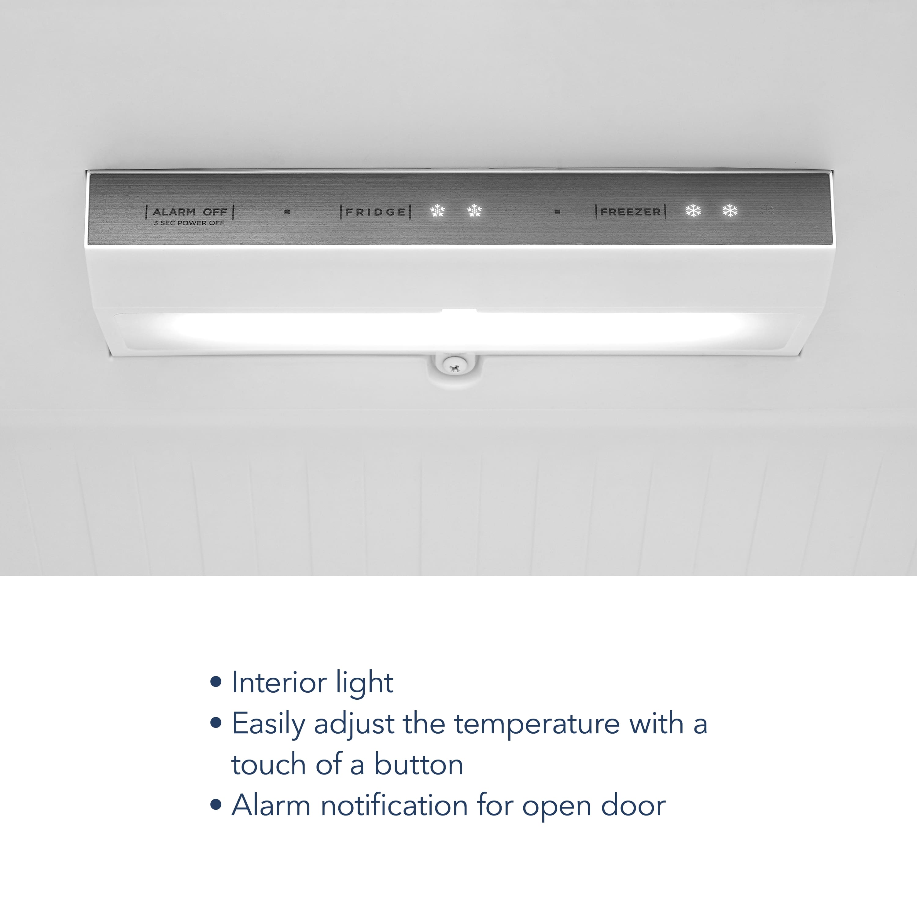 The text on the image reads: "Alarm Off - Ser Power On Fridge Refrigerator. Interior Light. Easily adjust the temperature with a touch of a button. Alarm notification for open door."
