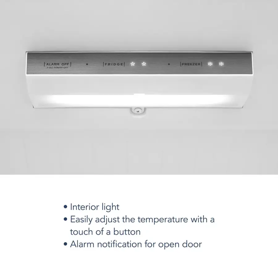 The text on the image reads: "Alarm Off - Ser Power On Fridge Refrigerator. Interior Light. Easily adjust the temperature with a touch of a button. Alarm notification for open door."