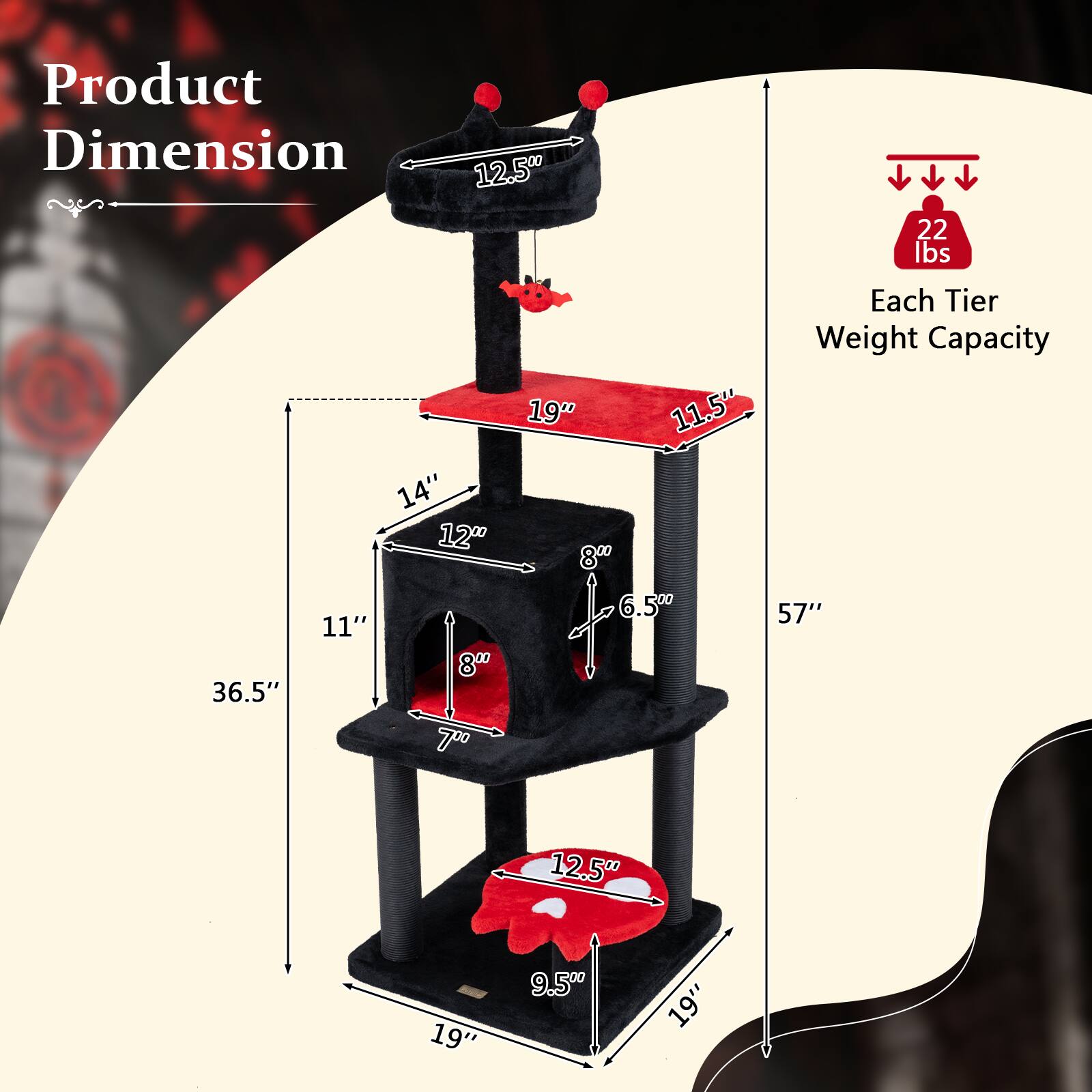Product Dimension: 12.50" x 22 lbs x 36.5" x 14" x 12" x 11" x 8" x 700  
Each Tier Weight Capacity: 19" x 11.5" x 800 lbs x 6.50" x 57" x 12.5" x 19" x 9.5" x 19"