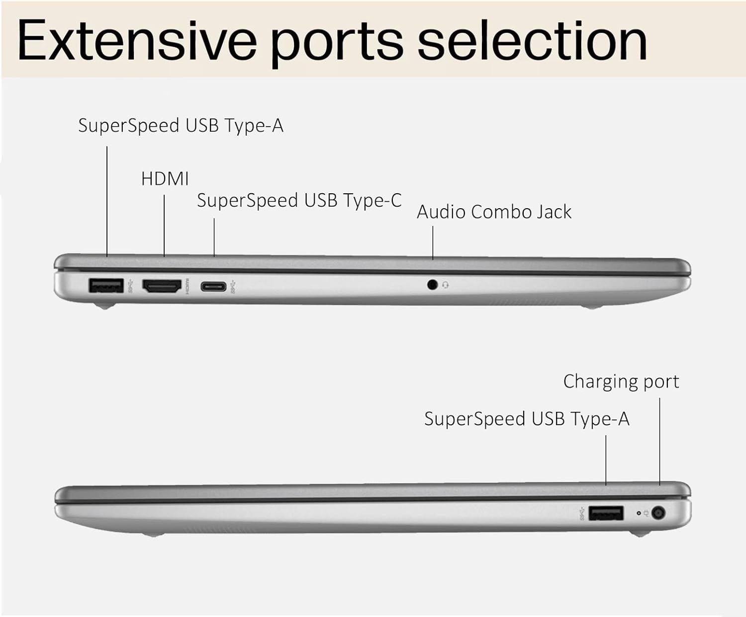 Extensive ports selection

- SuperSpeed USB Type-A
- HDMI
- SuperSpeed USB Type-C
- Audio Combo Jack
- Charging port
- SuperSpeed USB Type-A