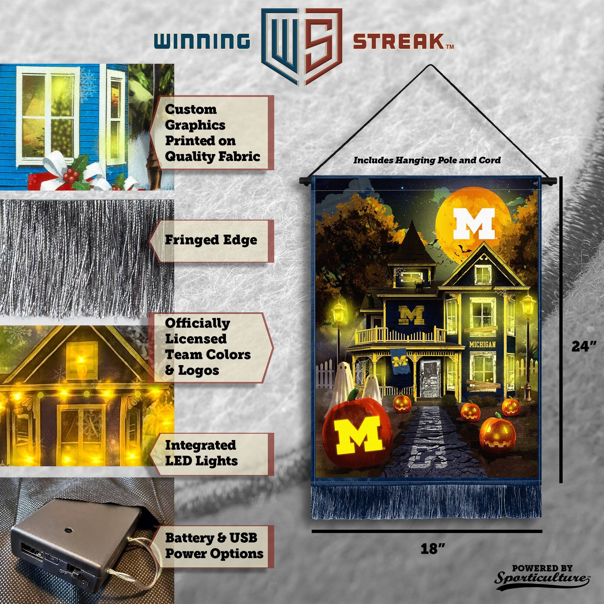 WINNING Custom Graphics Printed on Quality Fabric 5 STREAK™ Includes Hanging Pole and Cord Fringed Edge Officially Licensed Team Colors & Logos Integrated LED Lights Battery & USB Power Options 24" 18" POWERED BY Sporticulture