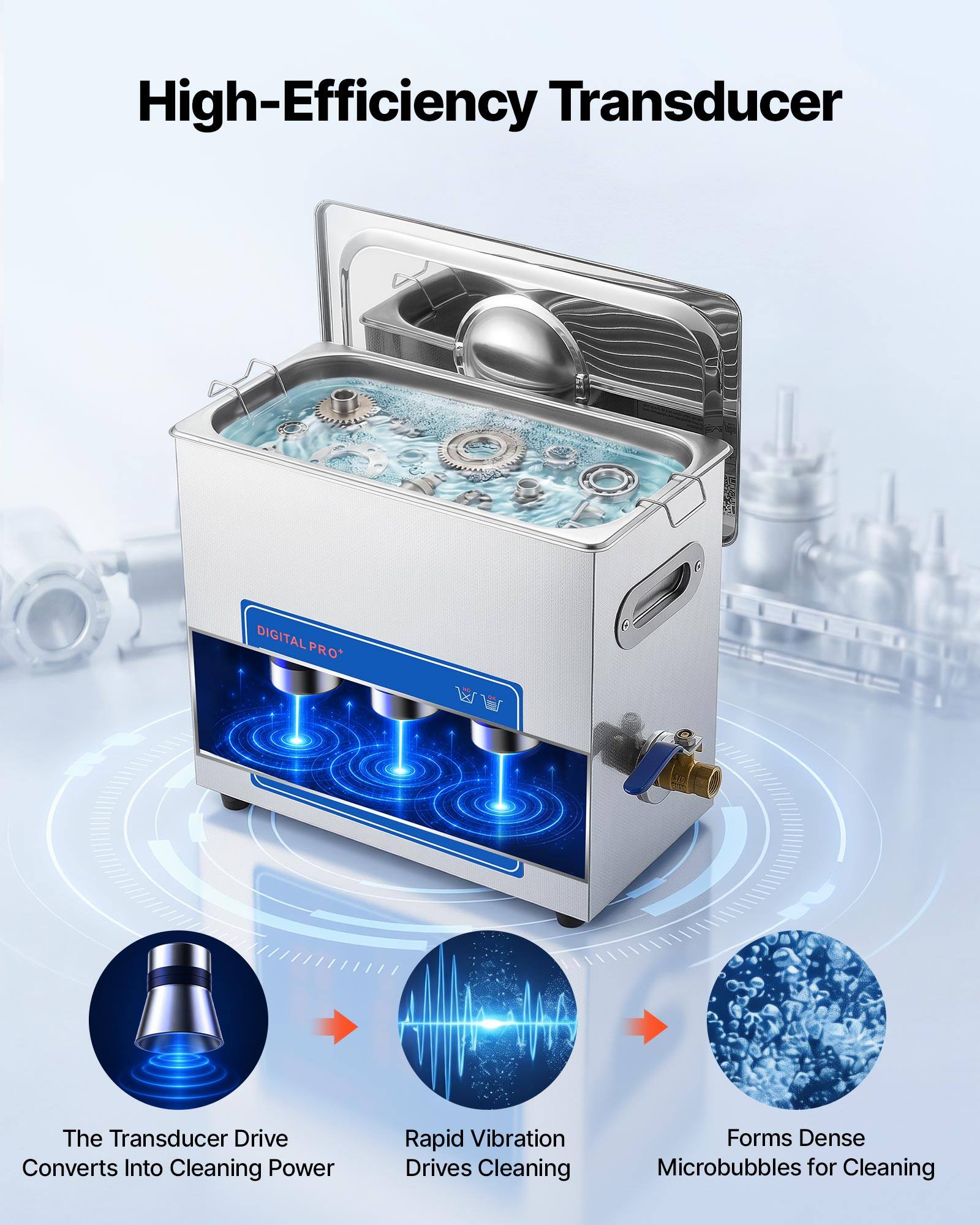 High-Efficiency Transducer

DIGITAL PRO*

The Transducer Drive Converts Into Cleaning Power

Rapid Vibration Drives Cleaning

Forms Dense Microbubbles for Cleaning