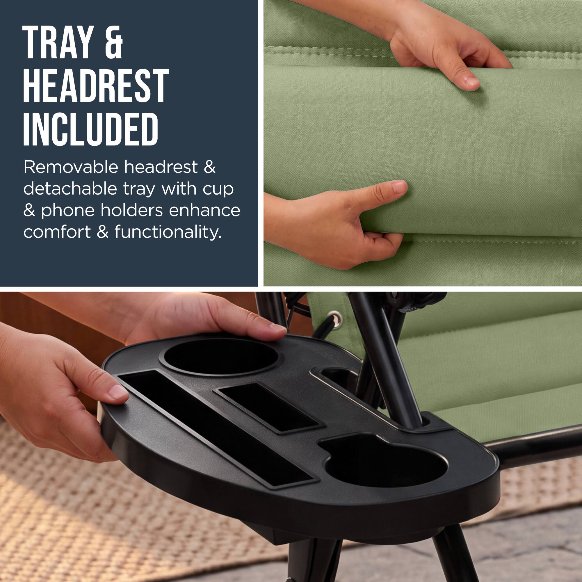TRAY & HEADREST INCLUDED

Removable headrest & detachable tray with cup & phone holders enhance comfort & functionality.