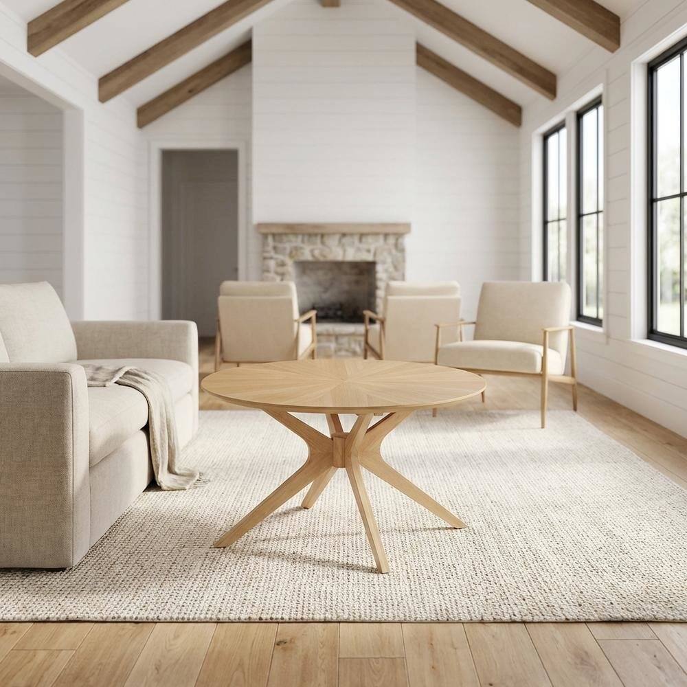 Angle. FurniFact - Round Wood Coffee Table with 20 lb Weight and Compact Design - Brown.