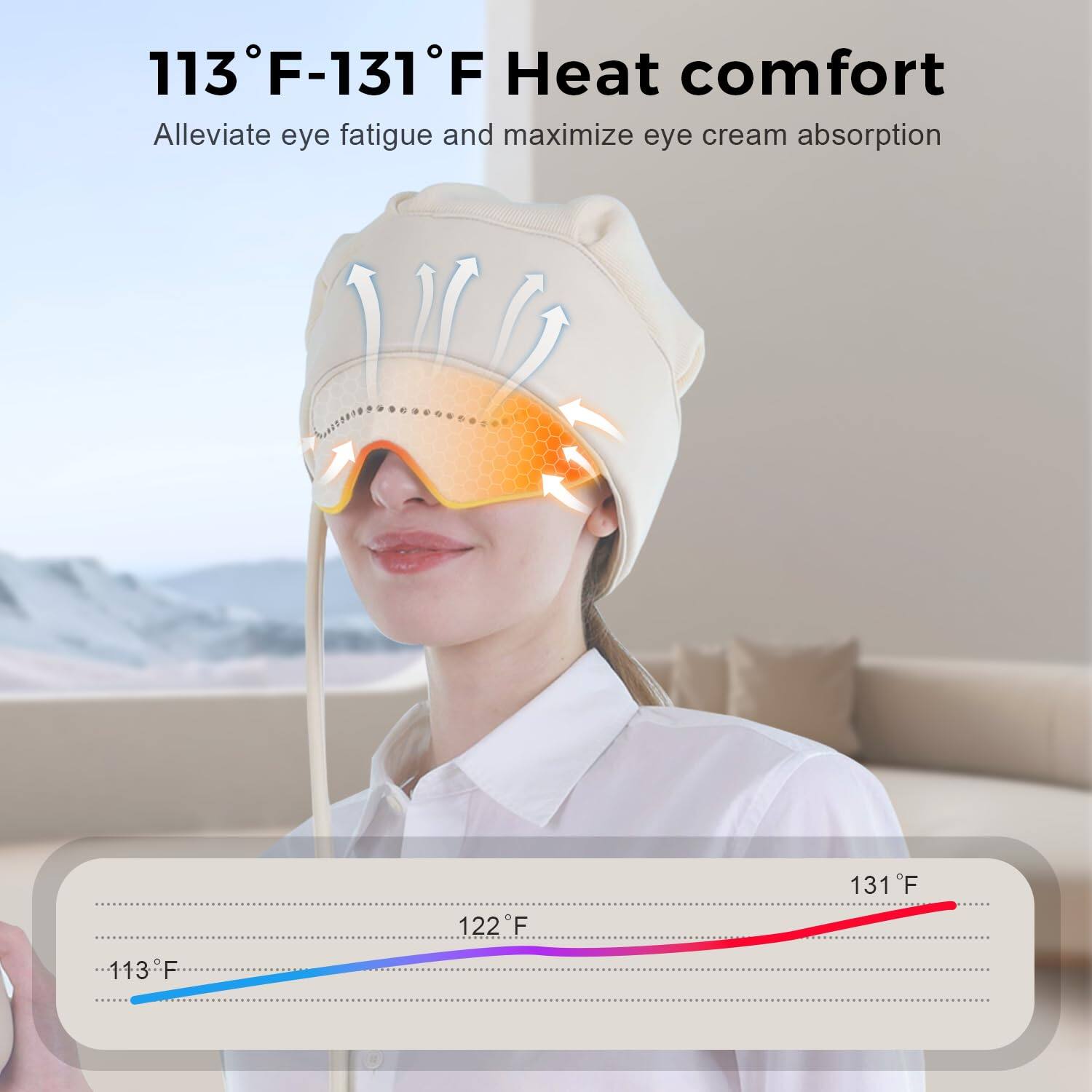 113°F-131°F Heat comfort  
Alleviate eye fatigue and maximize eye cream absorption  

113°F  
122°F  
131°F