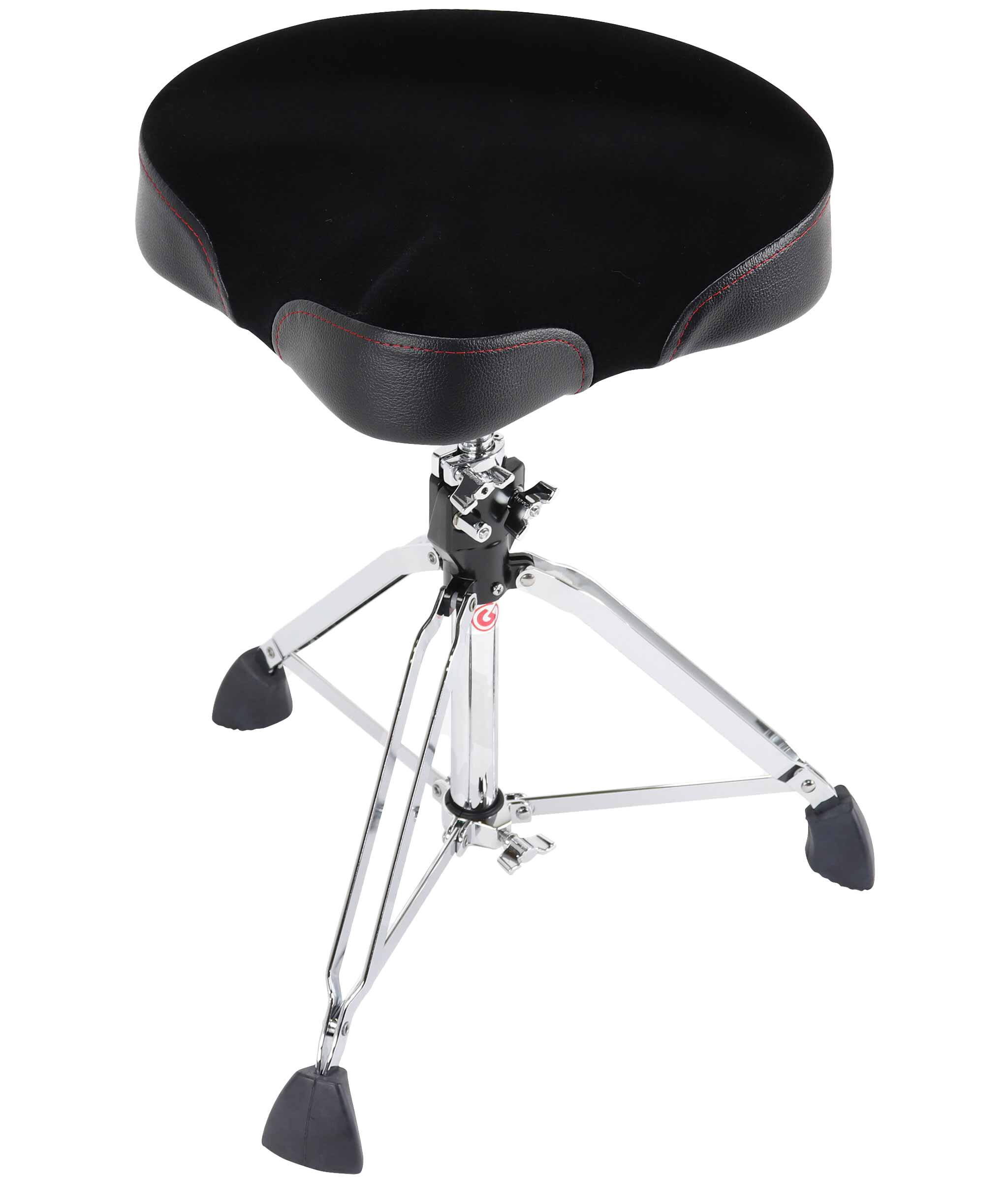 Left. Gibraltar Hardware - 9000 Series Motorcycle Style Drum Throne, 16” Cordura Saddle Seat, Memory Foam, Height Adjustable with Spindle Lift.
