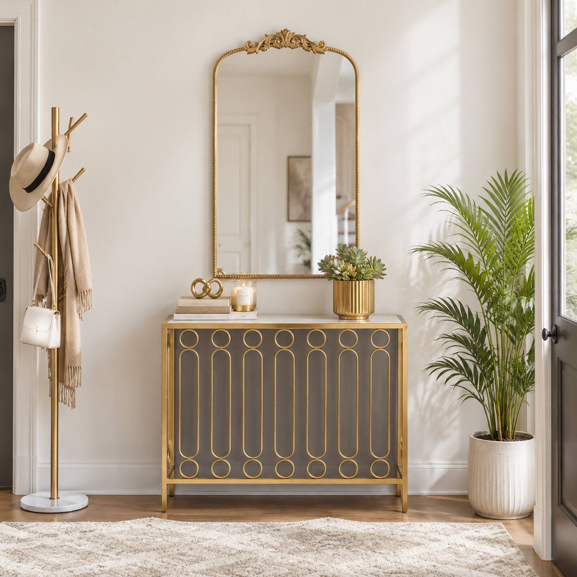 Left. RYHNUYNE - 24 x 42 Inch Gold Arch Wall Mirror, Baroque Floral Metal Frame, Vertical Hanging, Bathroom Bedroom Living Room Decor - Gold.