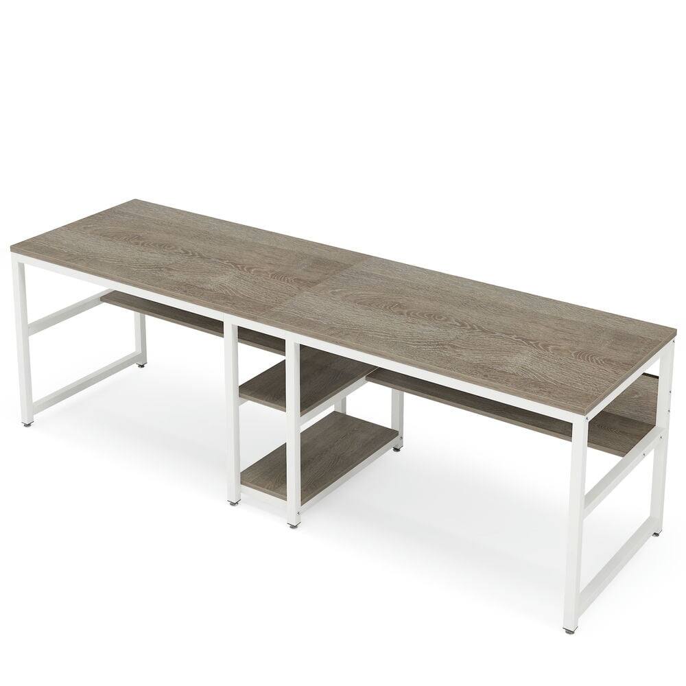Back. Kadyn - Kadyn Study Writing Desk, 79" Two Person Computer Desk Double Workstation with Shelves,Grey & White - Gray & White.