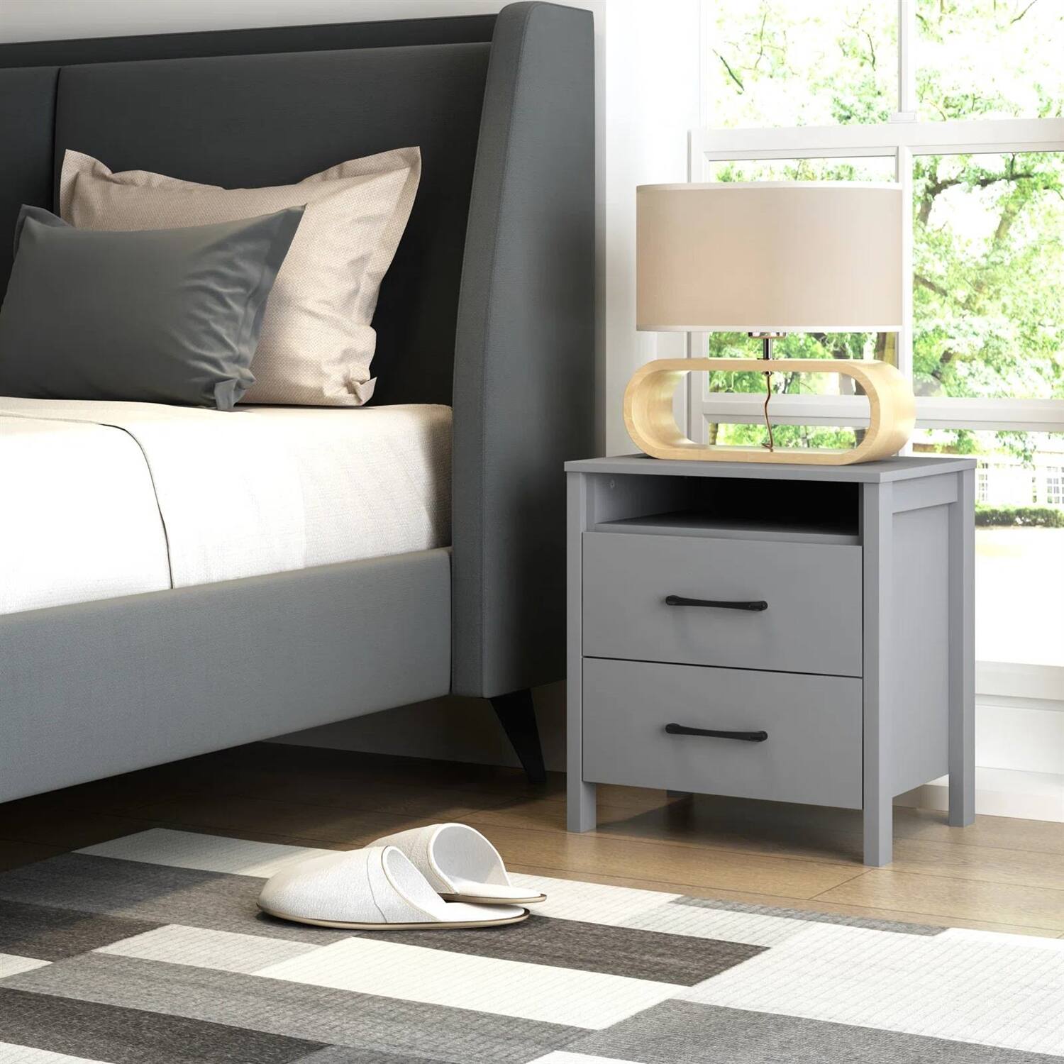 Angle. SlickBlue - Stylish 2-Drawer Nightstand with Open Shelf – Bedroom Storage Table, Modern Design - Grey.