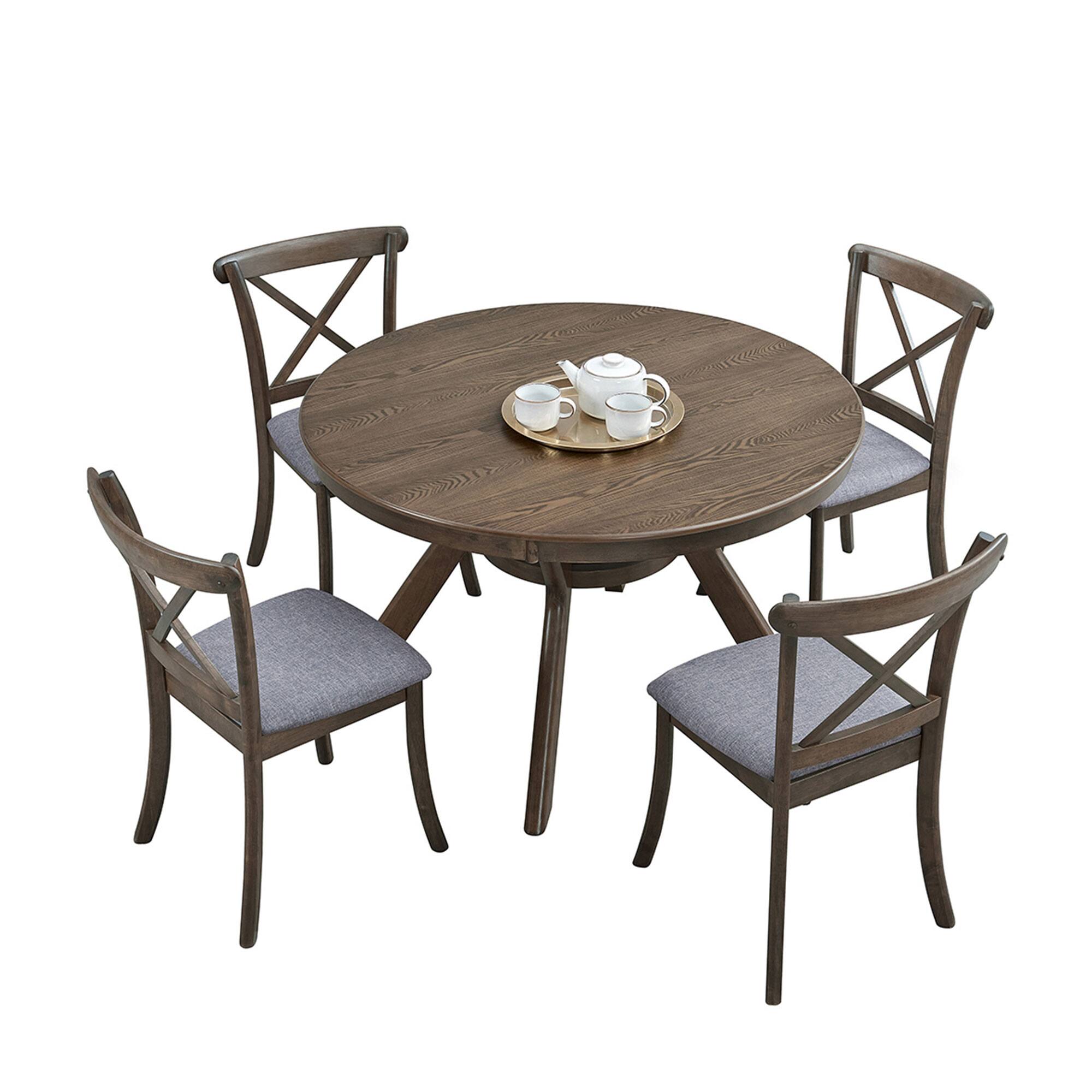 Back. TinyHomie - Round Rubber Wood Dining Table 4-6 Seats Wooden Trestle Base Oak - Brown.