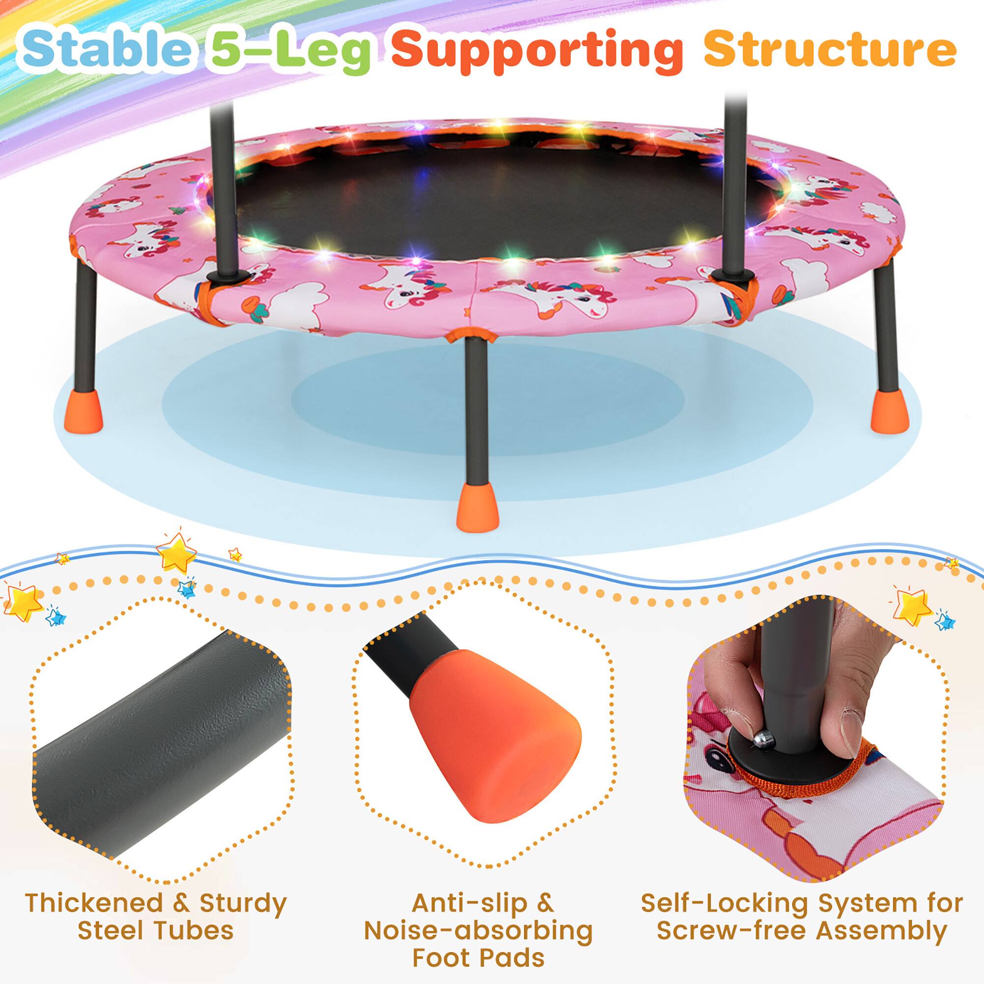 Stable 5-Leg Supporting Structure

Thickened & Sturdy Steel Tubes

Anti-slip & Noise-absorbing Foot Pads

Self-Locking System for Screw-free Assembly