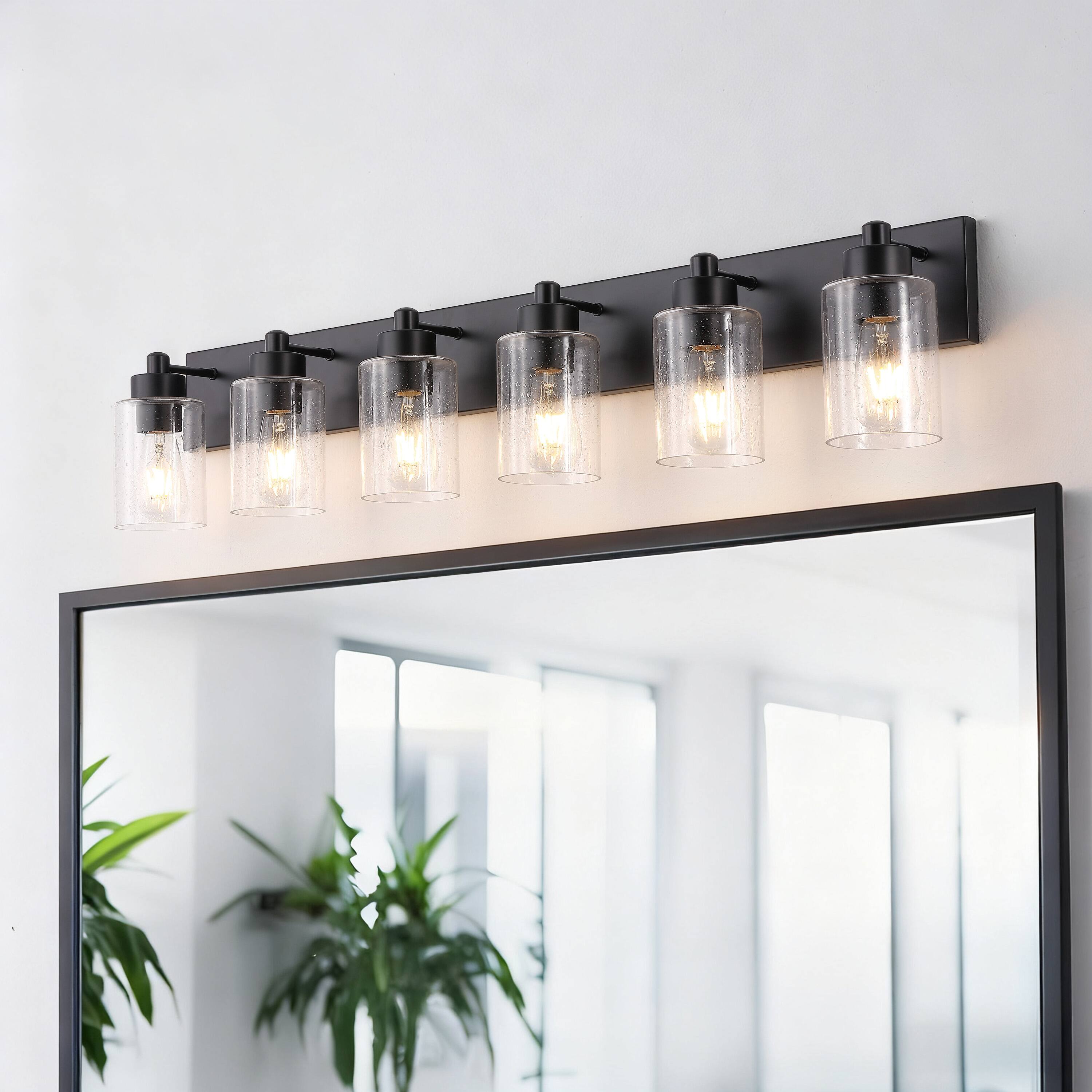 Alt View 1. Jonathan Y - Irving 40" 6-Light Seeded Glass/Iron Modern Contemporary LED Vanity Light, Black - Black/Clear.