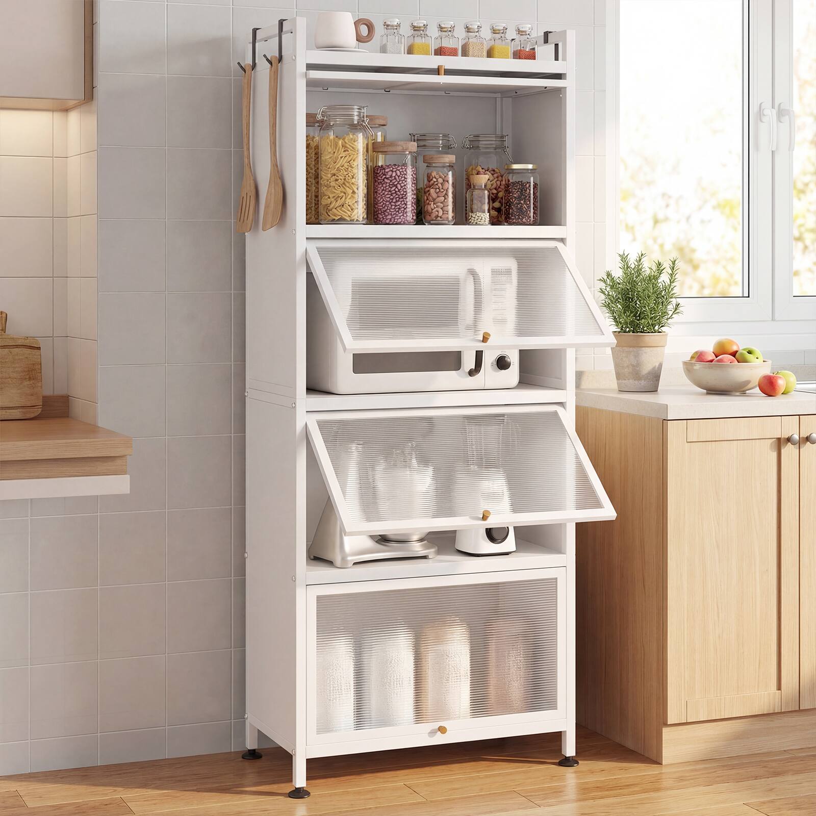 Alt View 1. Costway - Costway 5-Tier Kitchen Baker's Rack Storage Cabinet Mobile Microwave Stand Flip-up Doors - White.