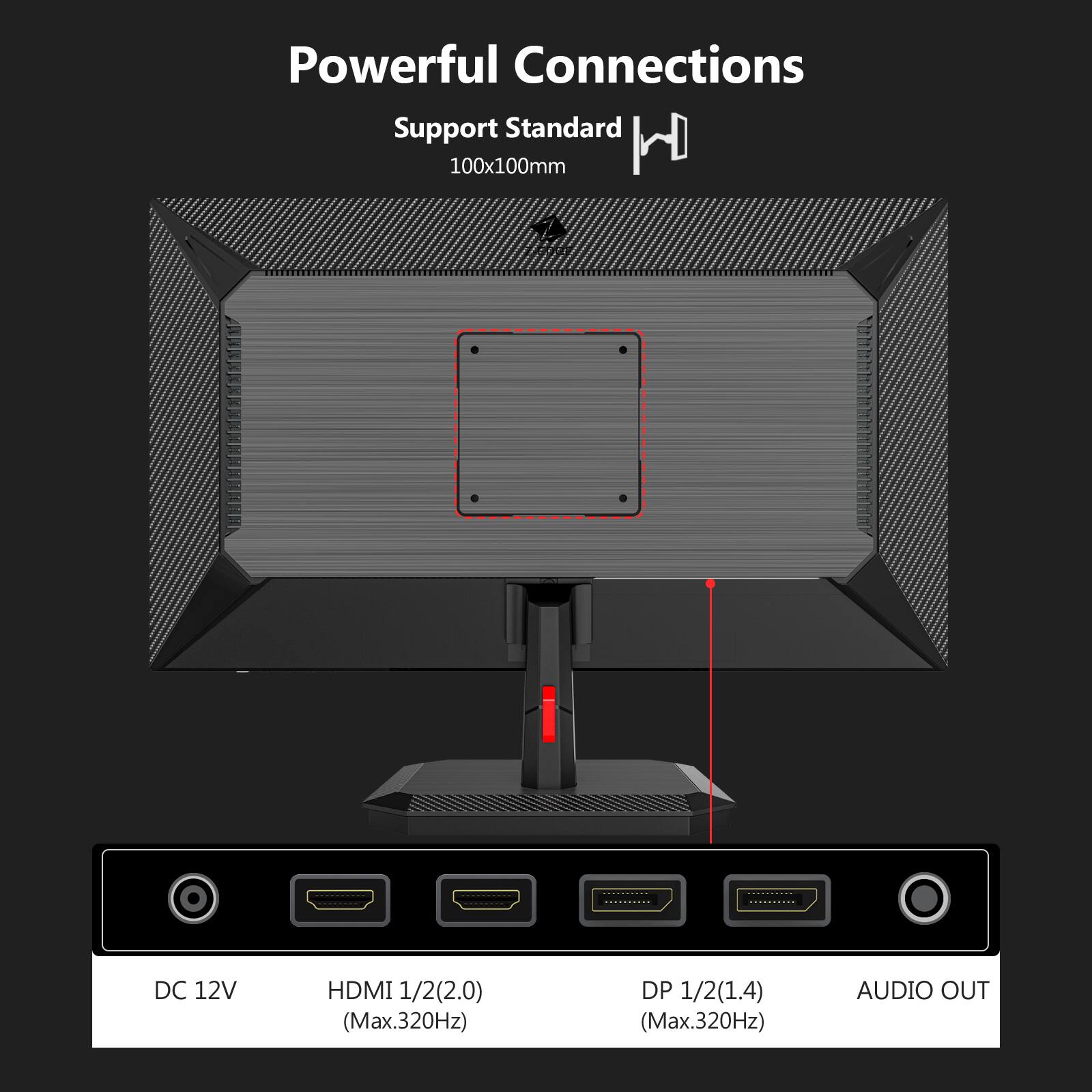 Powerful Connections  
Support Standard 100x100mm  

DC 12V  
HDMI 1/2(2.0) (Max.320Hz)  
DP 1/2(1.4) (Max.320Hz)  
AUDIO OUT