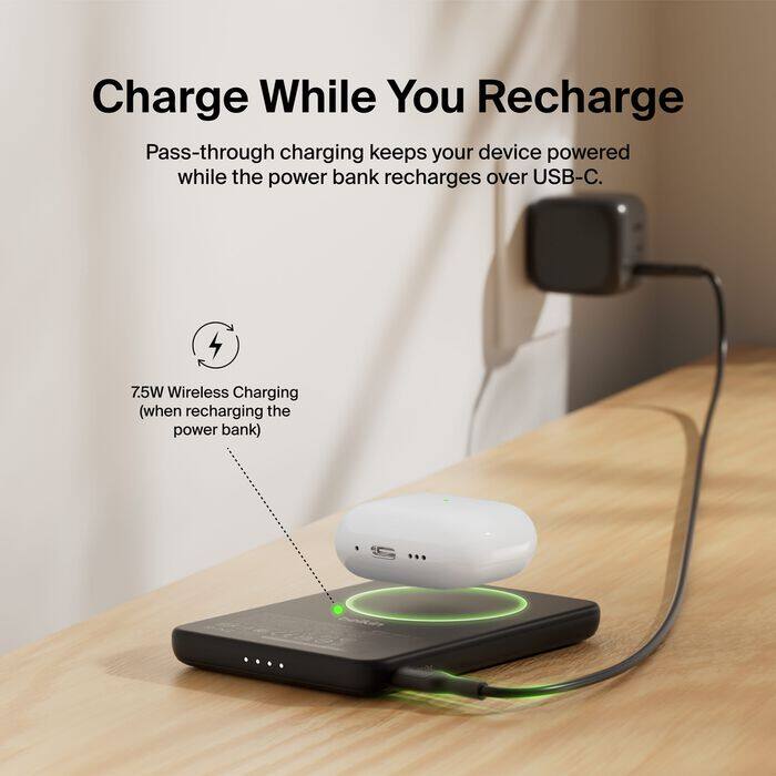 Charge While You Recharge

Pass-through charging keeps your device powered while the power bank recharges over USB-C.

7.5W Wireless Charging (when recharging the power bank)