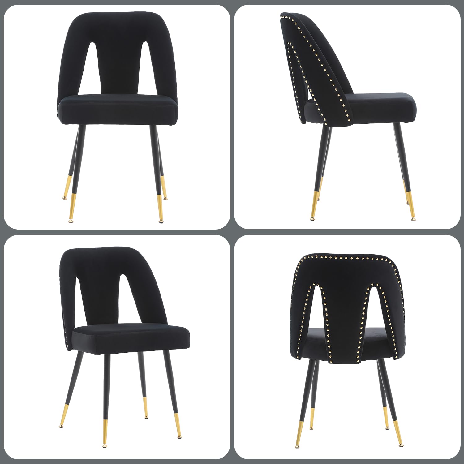 Alt View 5. Glintex - Contemporary Velvet Upholstered Dining Chair , Nailheads and Gold Tipped  Metal Legs,Set of 2 - Black.