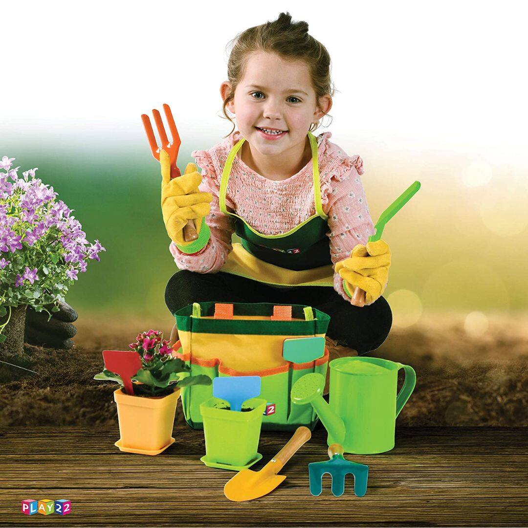 Angle. Play22 - Kids Gardening Tool Set 12 PCS with Shovel, Rake, Fork, Trowel, Apron, Gloves, Watering Can and Tote Bag - Multicolor.