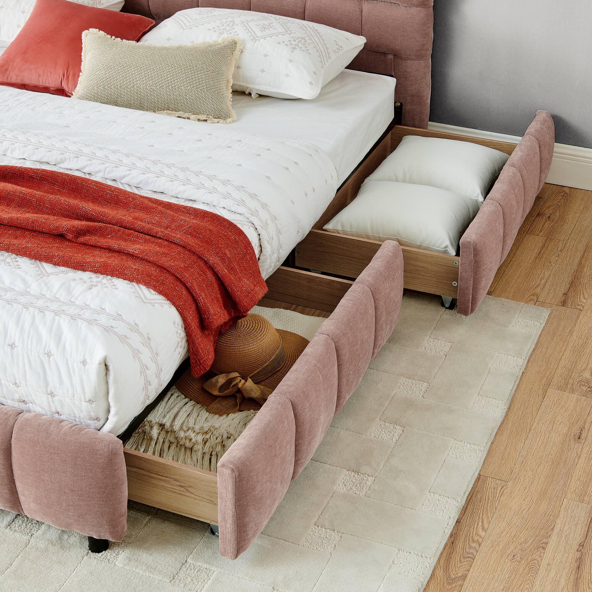 Left. Anysun - King Chenille Upholstered Bed Frame with Headboard - Solid Construction & Storage Drawer. - Pink.