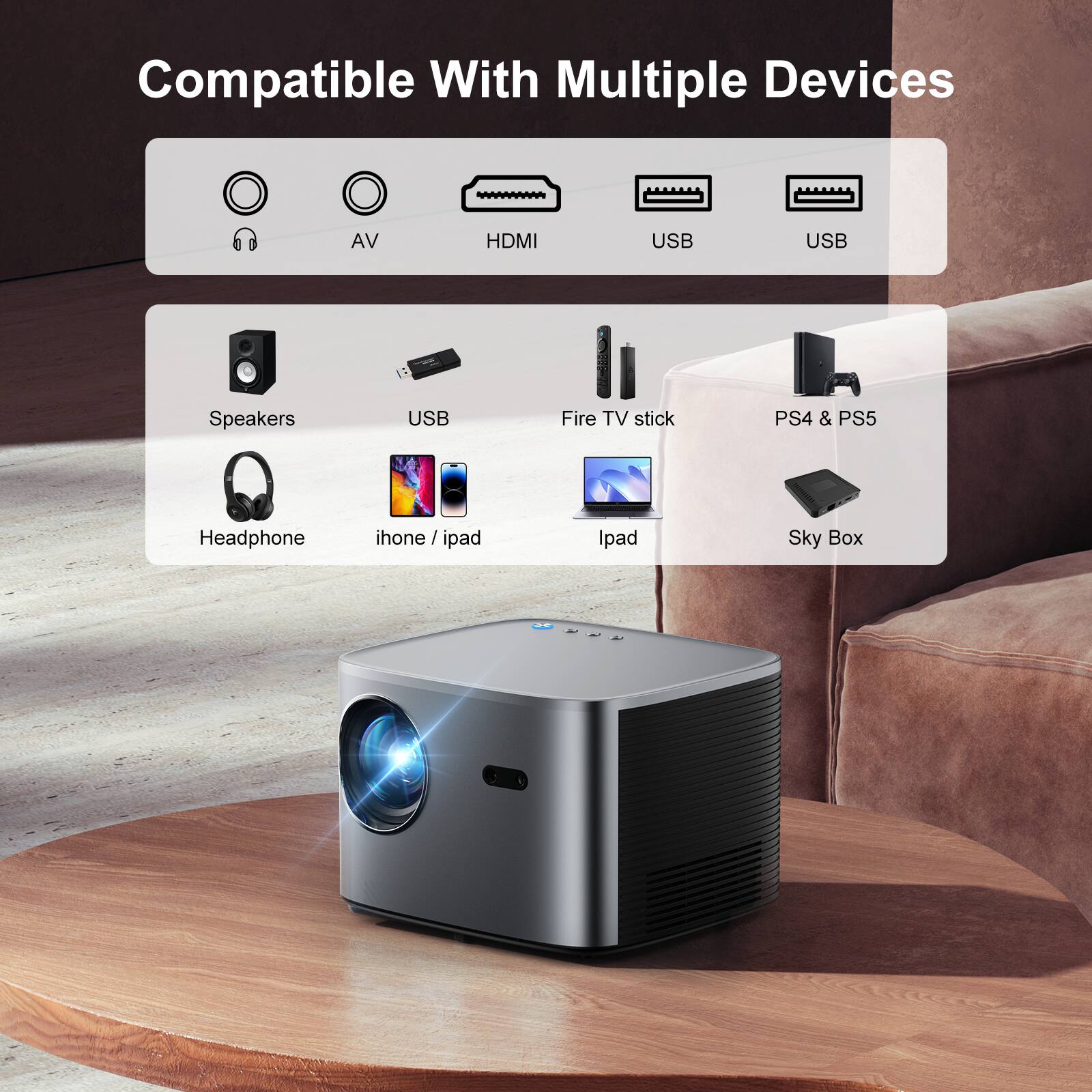 Compatible With Multiple Devices

- AV
- HDMI
- USB
- USB

Speakers
Headphone
iPhone / iPad
iPad
Fire TV stick
PS4 & PS5
Sky Box