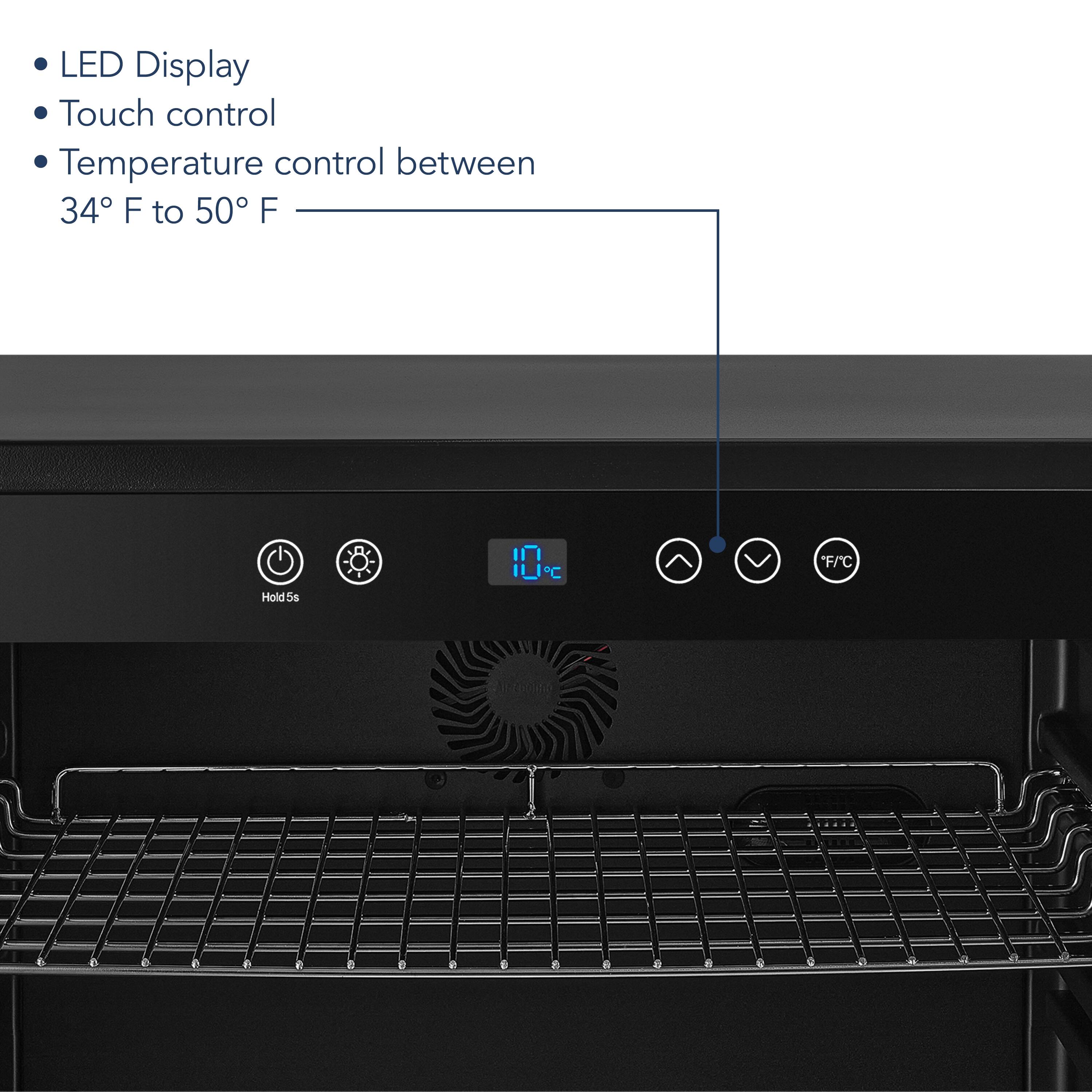 The text on the image reads: "LED Display, Touch control, Temperature control between 34°F to 50°F, C/F Hold 56°C."